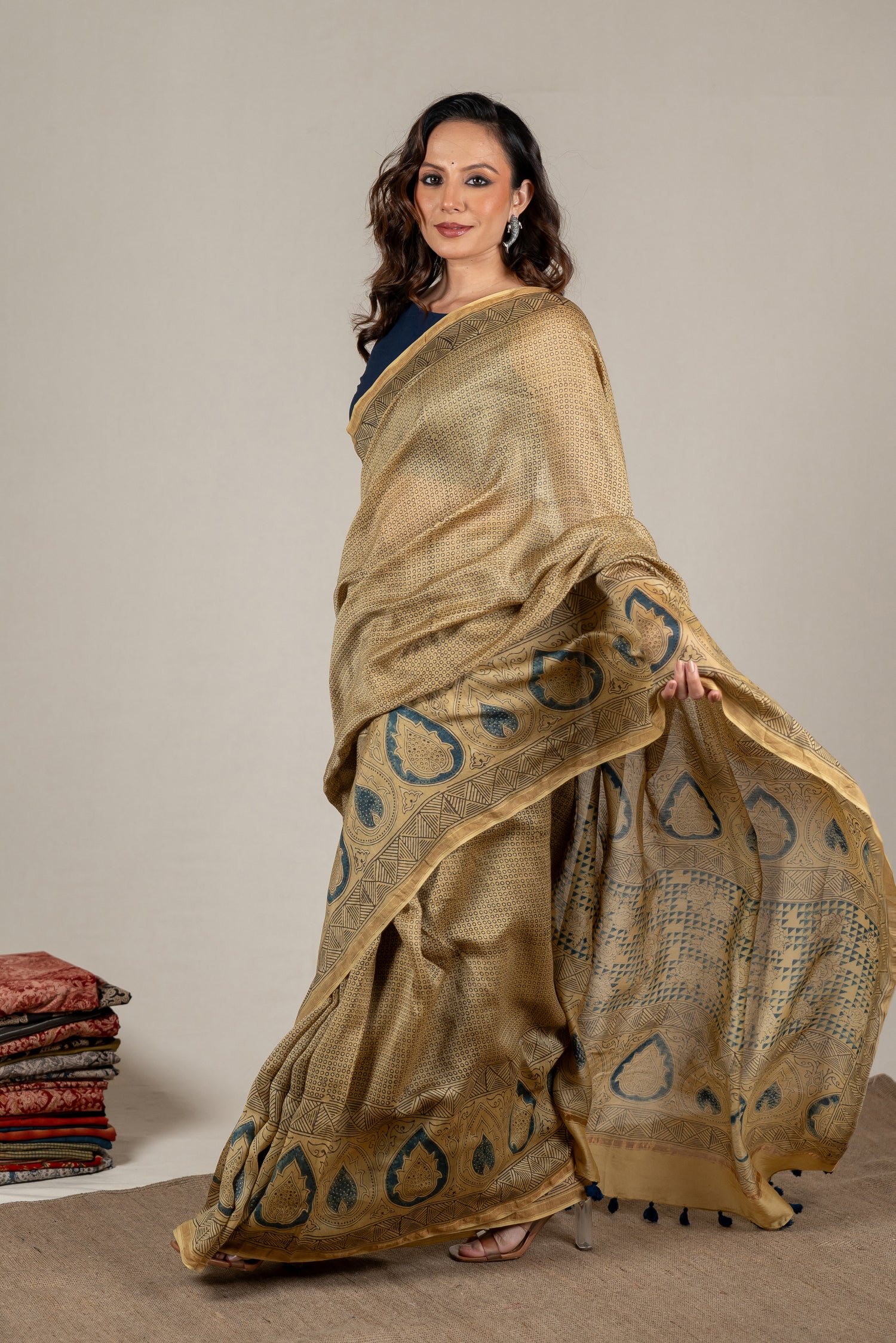 Chanderi Ajrakh Hand Block Printed Saree in Madder Yellow – Sama