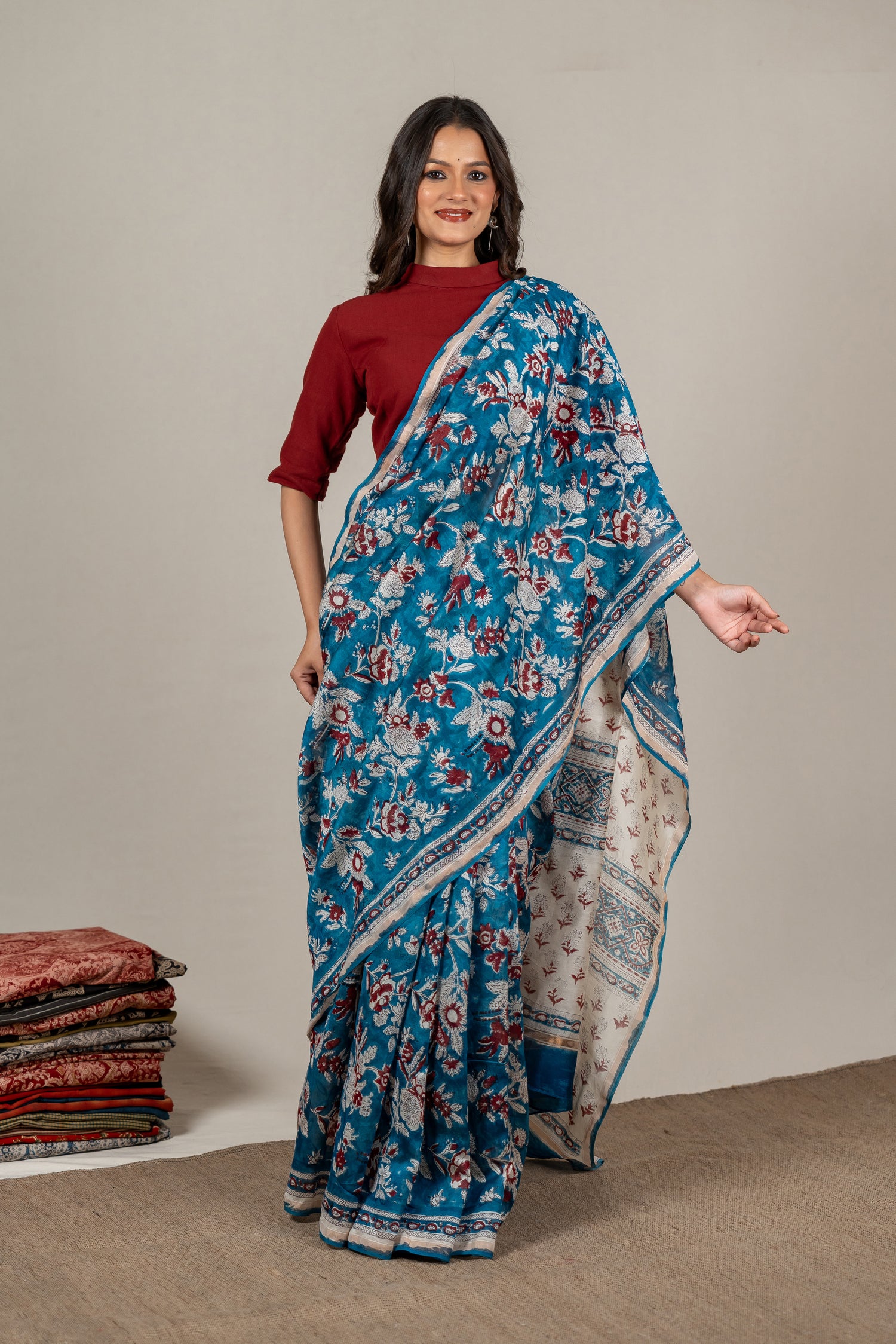 Chanderi Hand Block Printed Saree in Blue – Sama