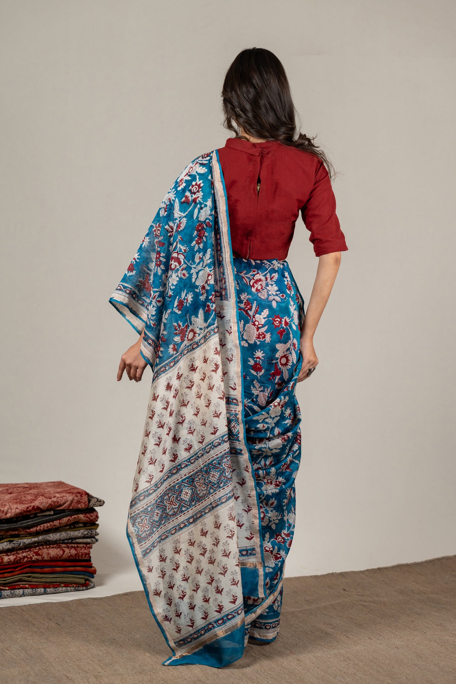 Chanderi Hand Block Printed Saree in Blue – Sama