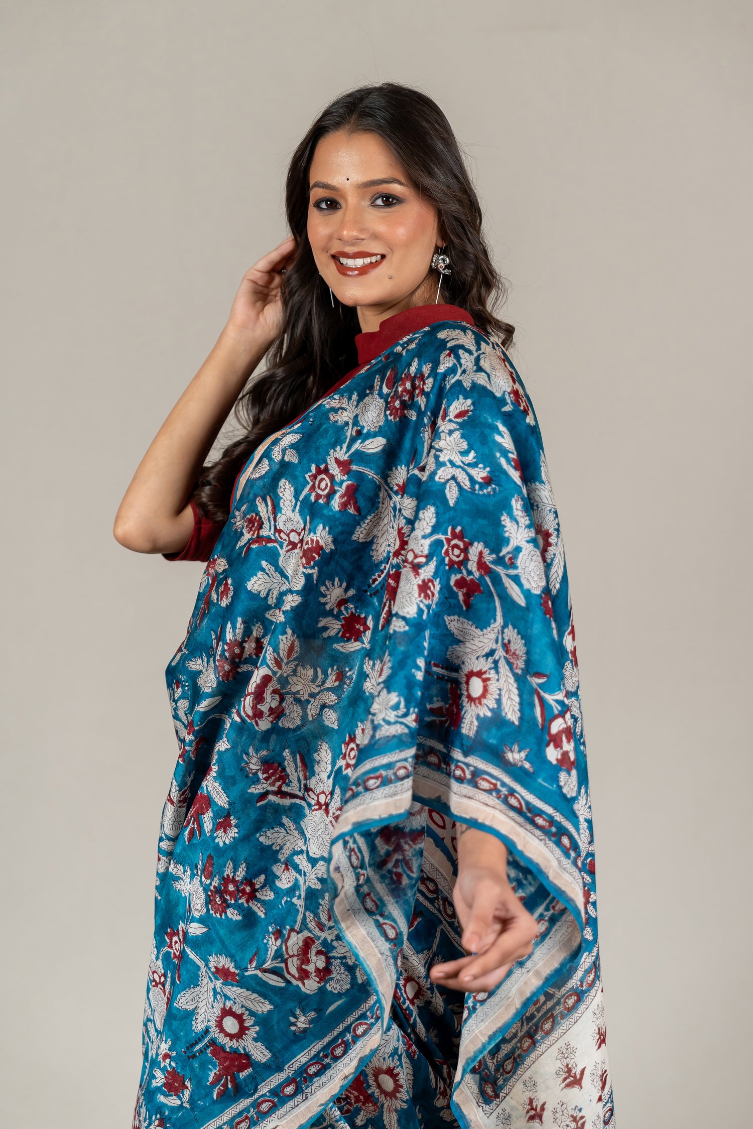 Chanderi Hand Block Printed Saree in Blue – Sama