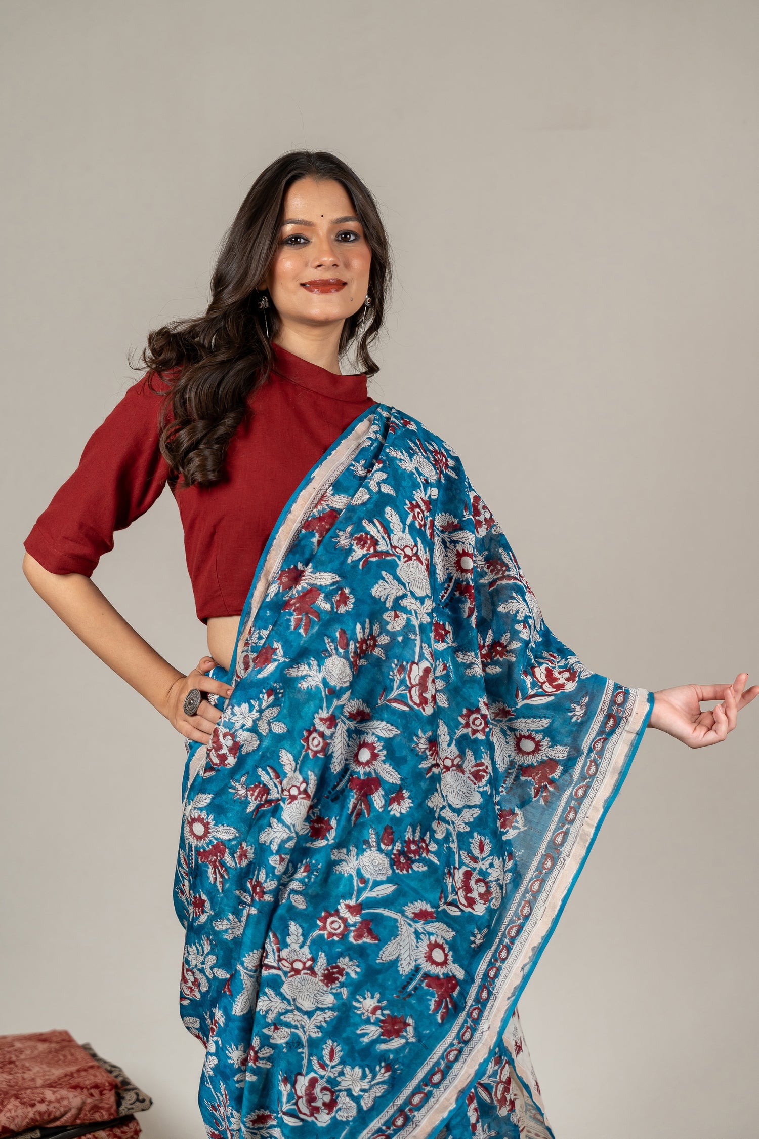 Chanderi Hand Block Printed Saree in Blue – Sama