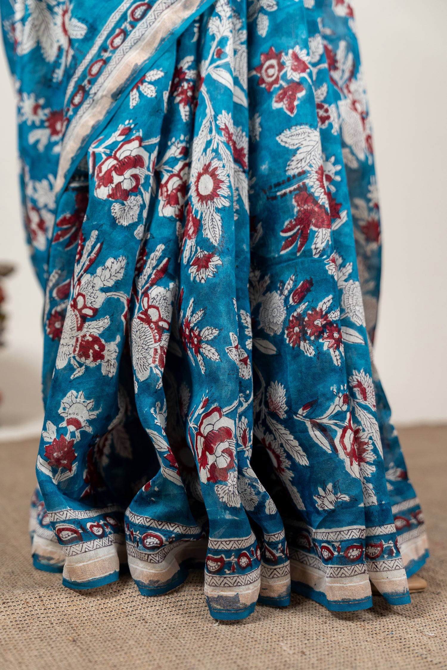 Chanderi Hand Block Printed Saree in Blue – Sama
