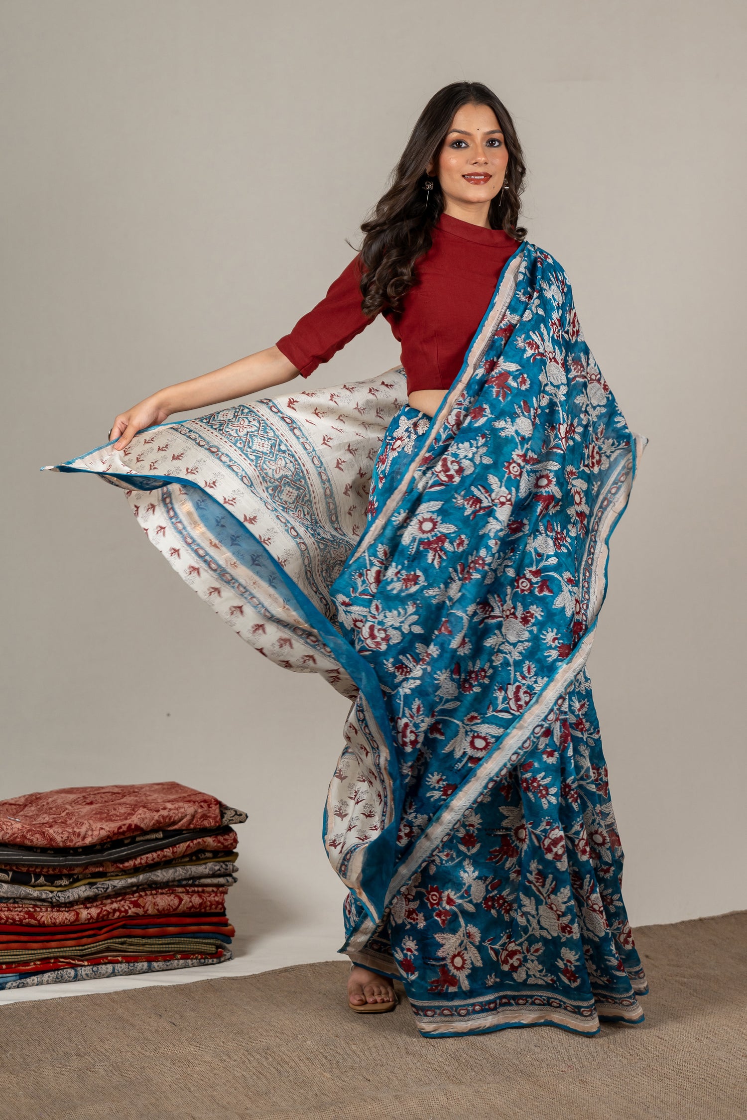 Chanderi Hand Block Printed Saree in Blue – Sama