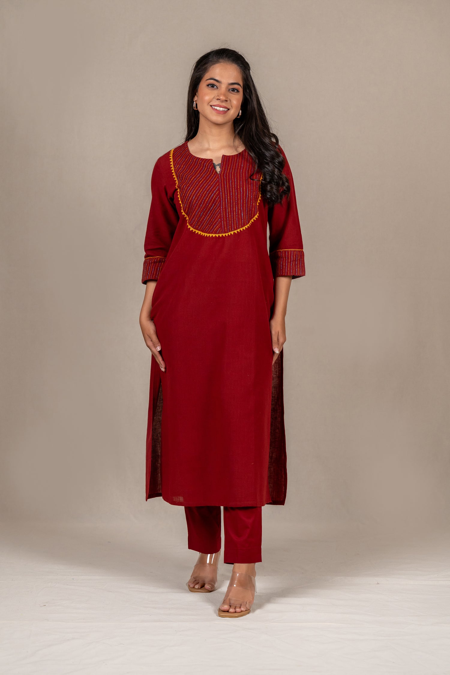 Rust Hand-Embroidered Kurta in Cotton – Sutra