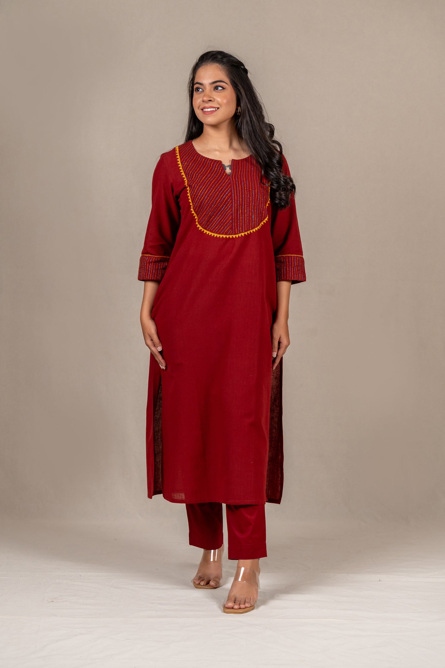 Rust Hand-Embroidered Kurta in Cotton – Sutra