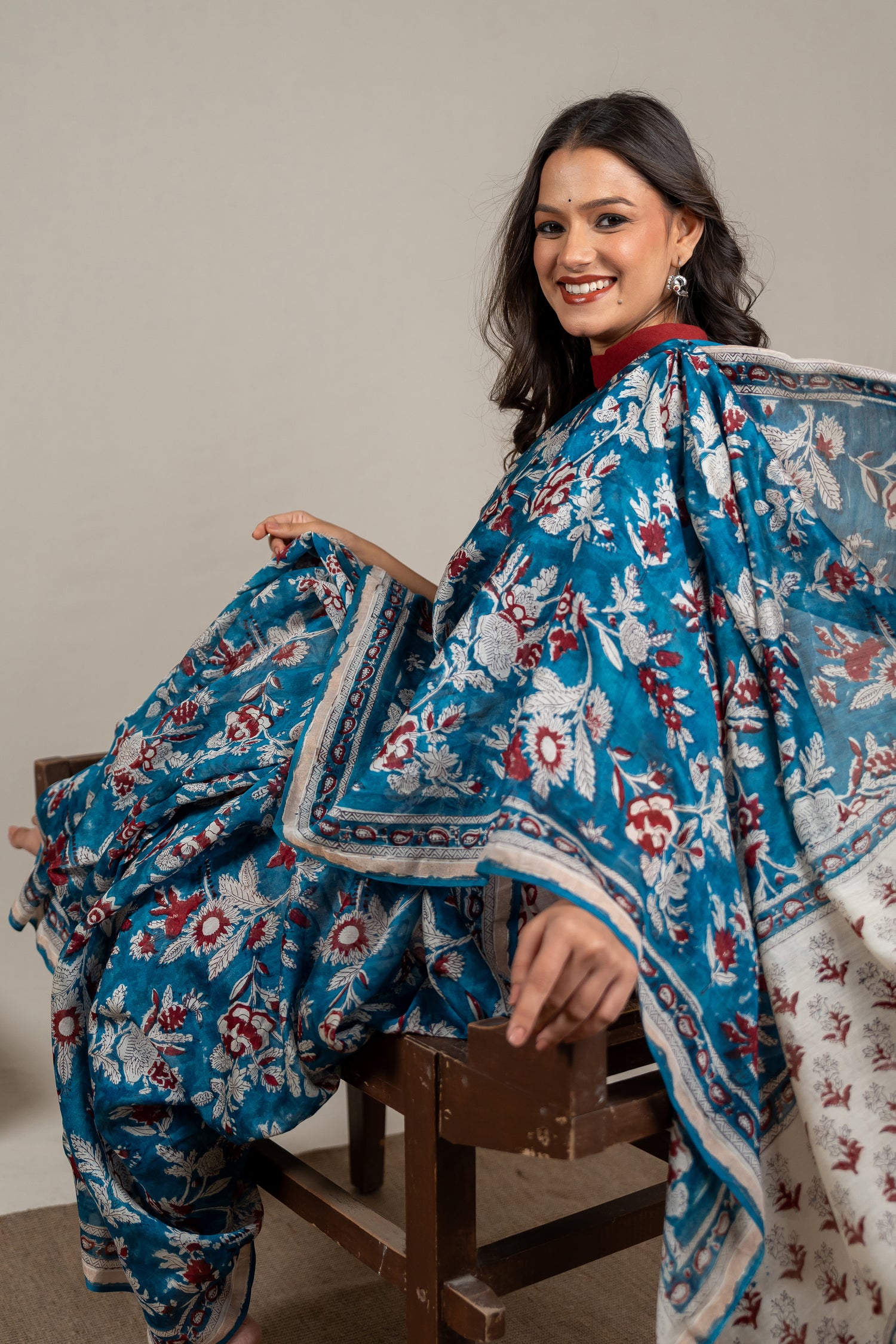 Chanderi Hand Block Printed Saree in Blue – Sama