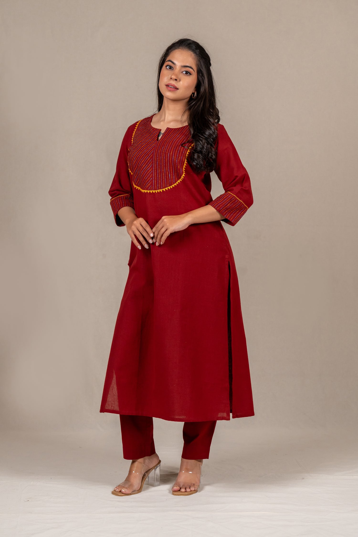 Rust Hand-Embroidered Kurta in Cotton – Sutra