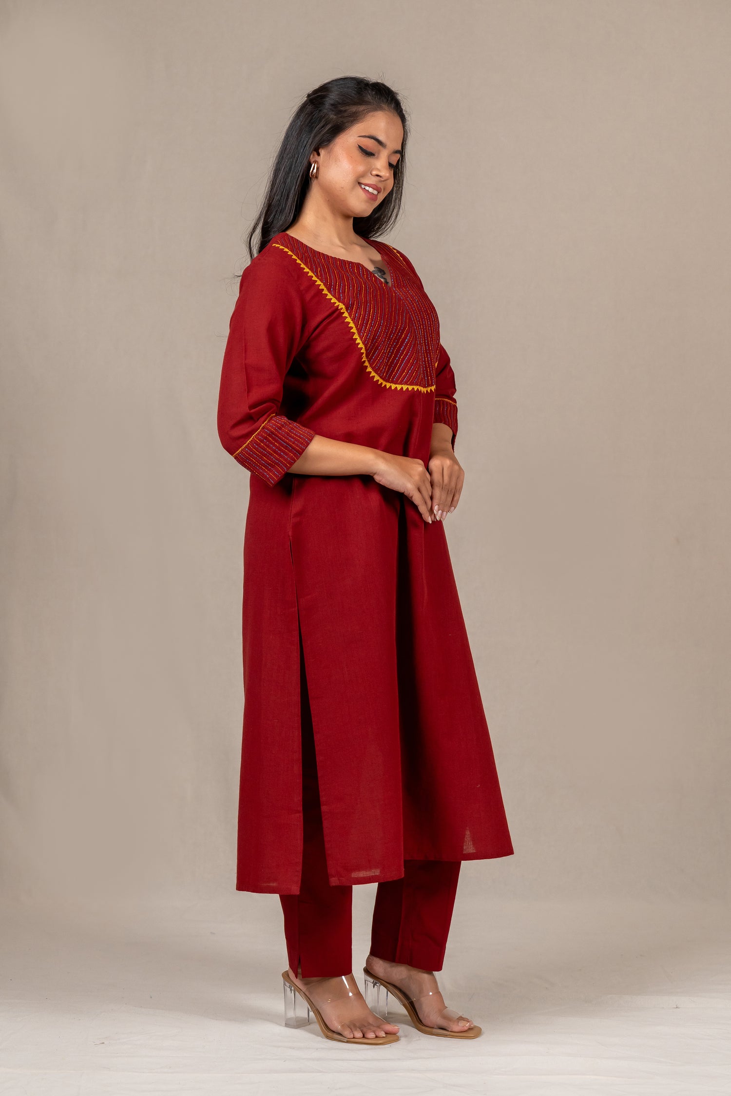 Rust Hand-Embroidered Kurta in Cotton – Sutra