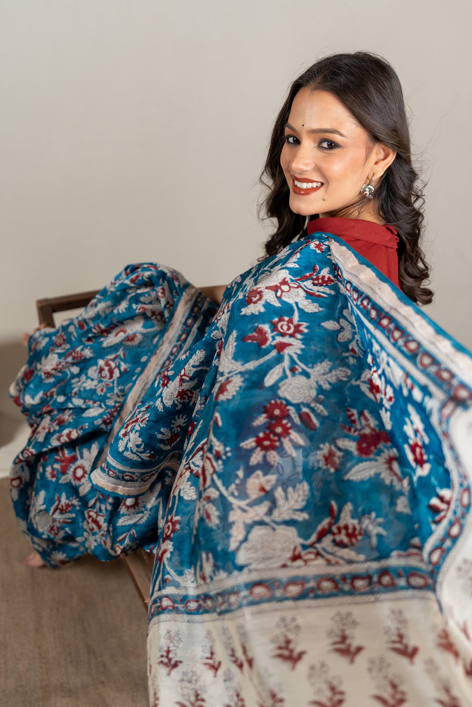 Chanderi Hand Block Printed Saree in Blue – Sama