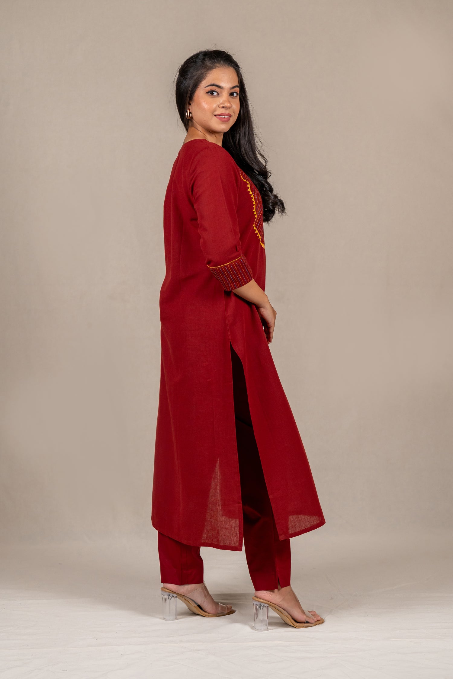 Rust Hand-Embroidered Kurta in Cotton – Sutra