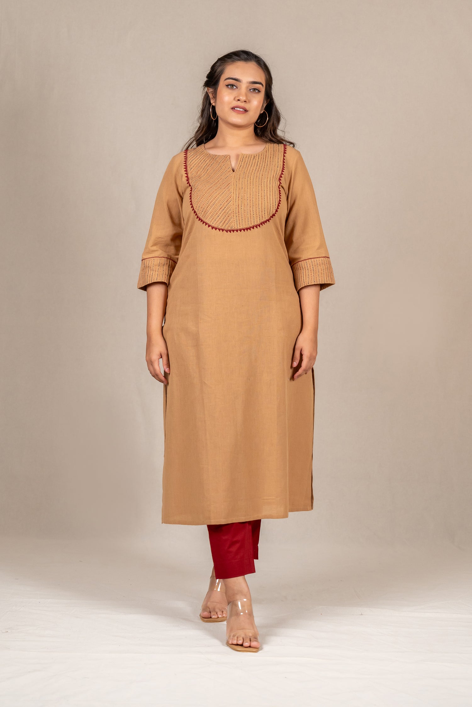 Beige Brown Hand-Embroidered Pintuck Kurta – Sutra