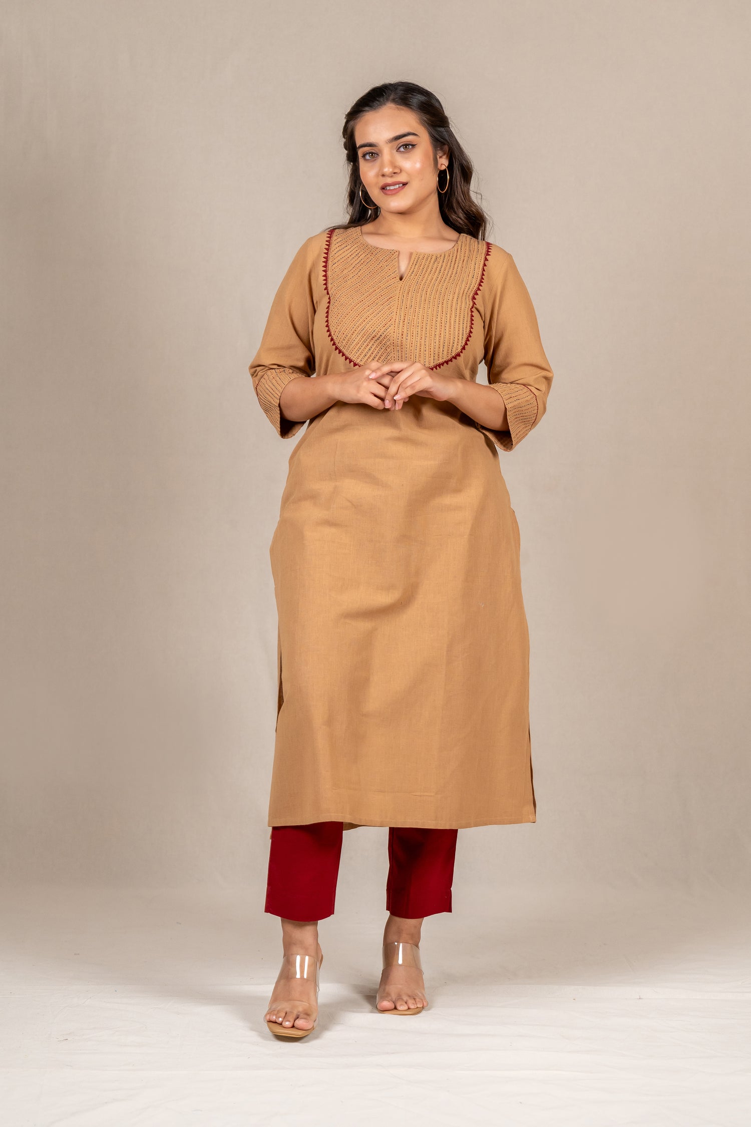 Beige Brown Hand-Embroidered Pintuck Kurta – Sutra