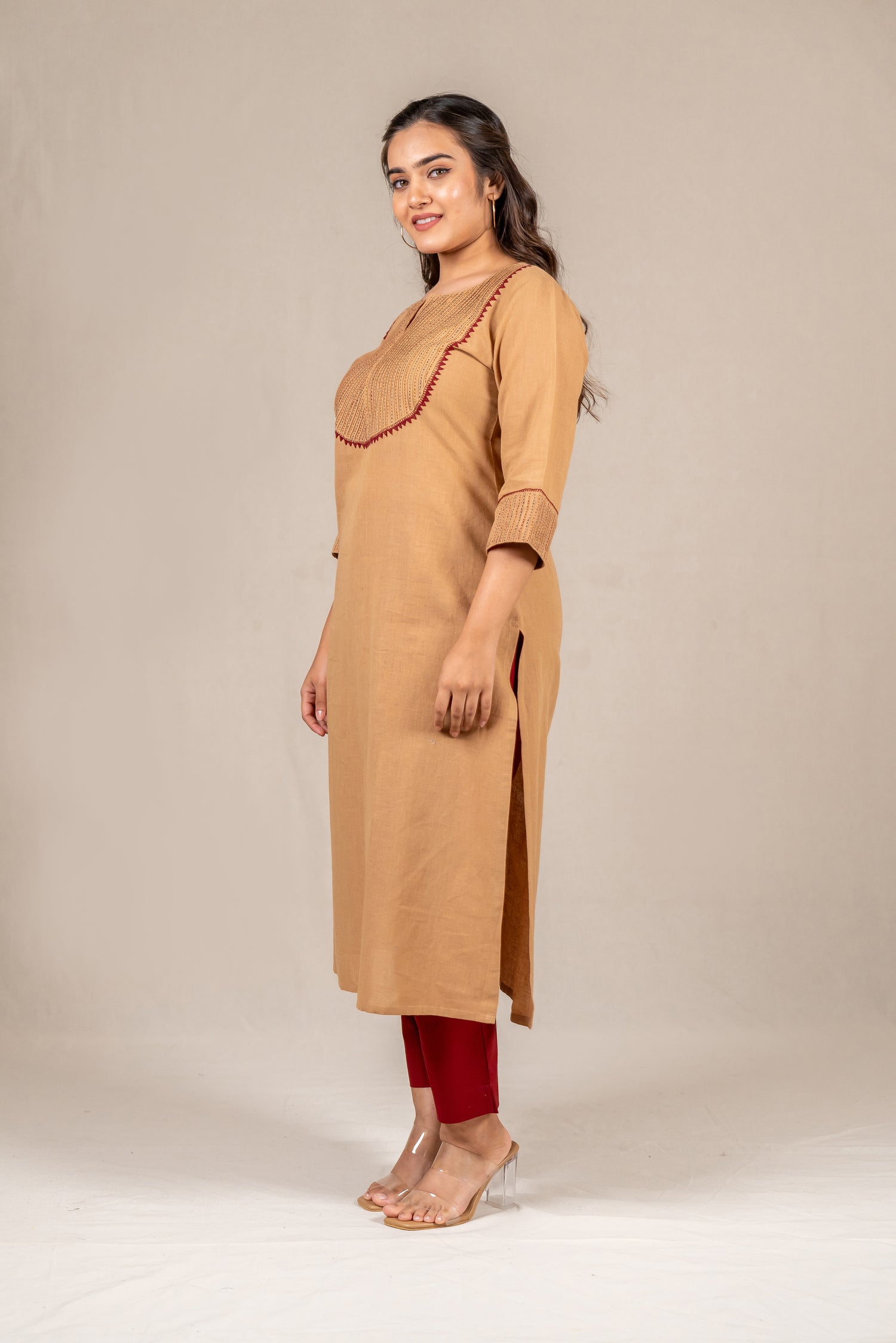 Beige Brown Hand-Embroidered Pintuck Kurta – Sutra