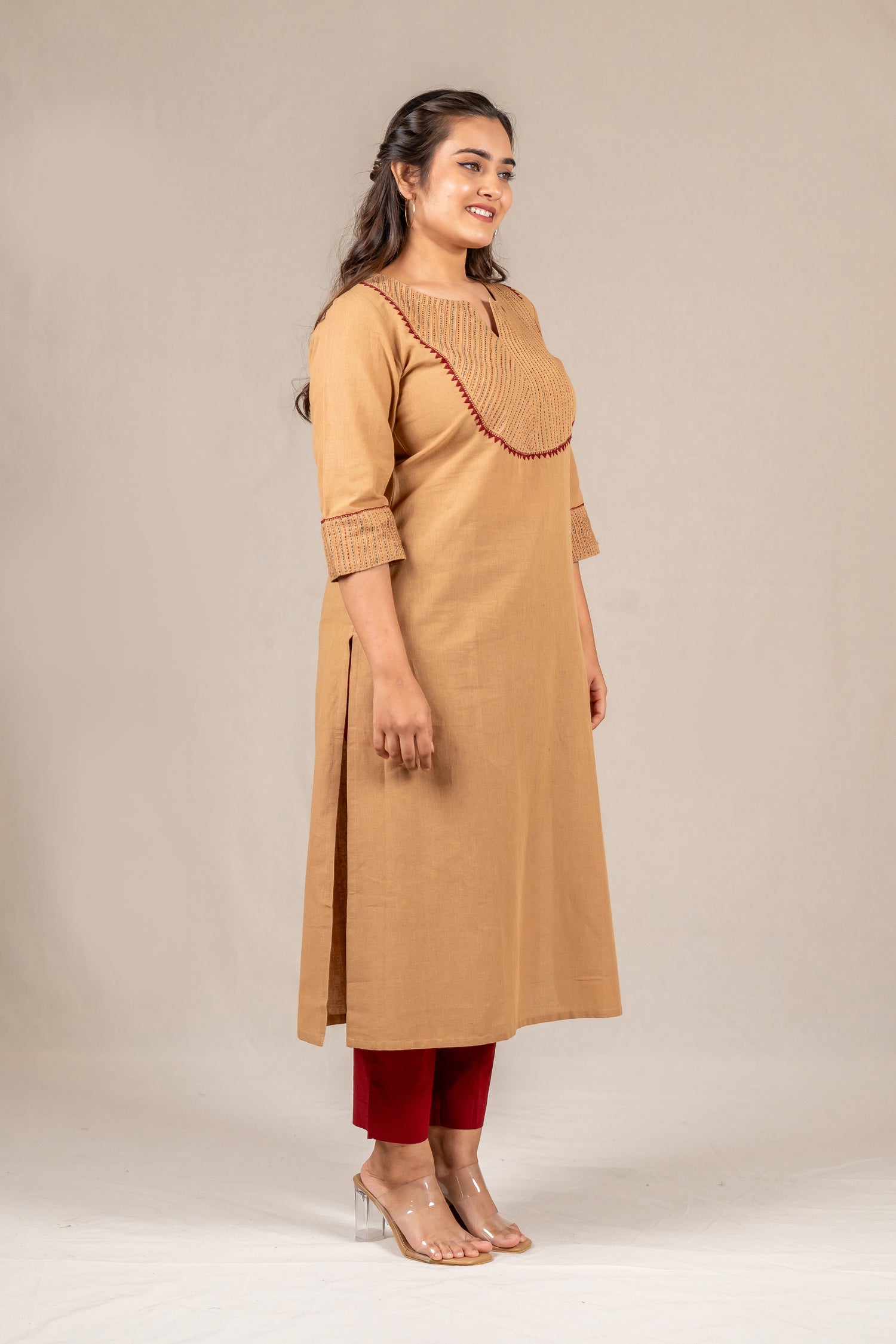 Beige Brown Hand-Embroidered Pintuck Kurta – Sutra