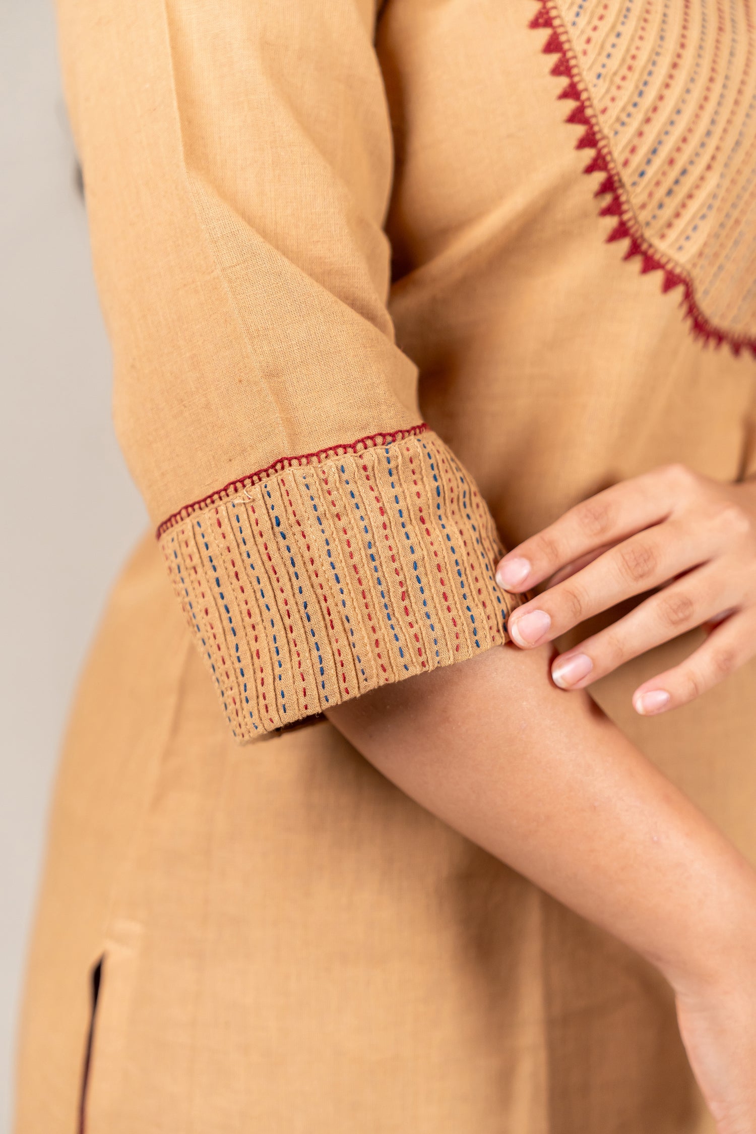Beige Brown Hand-Embroidered Pintuck Kurta – Sutra