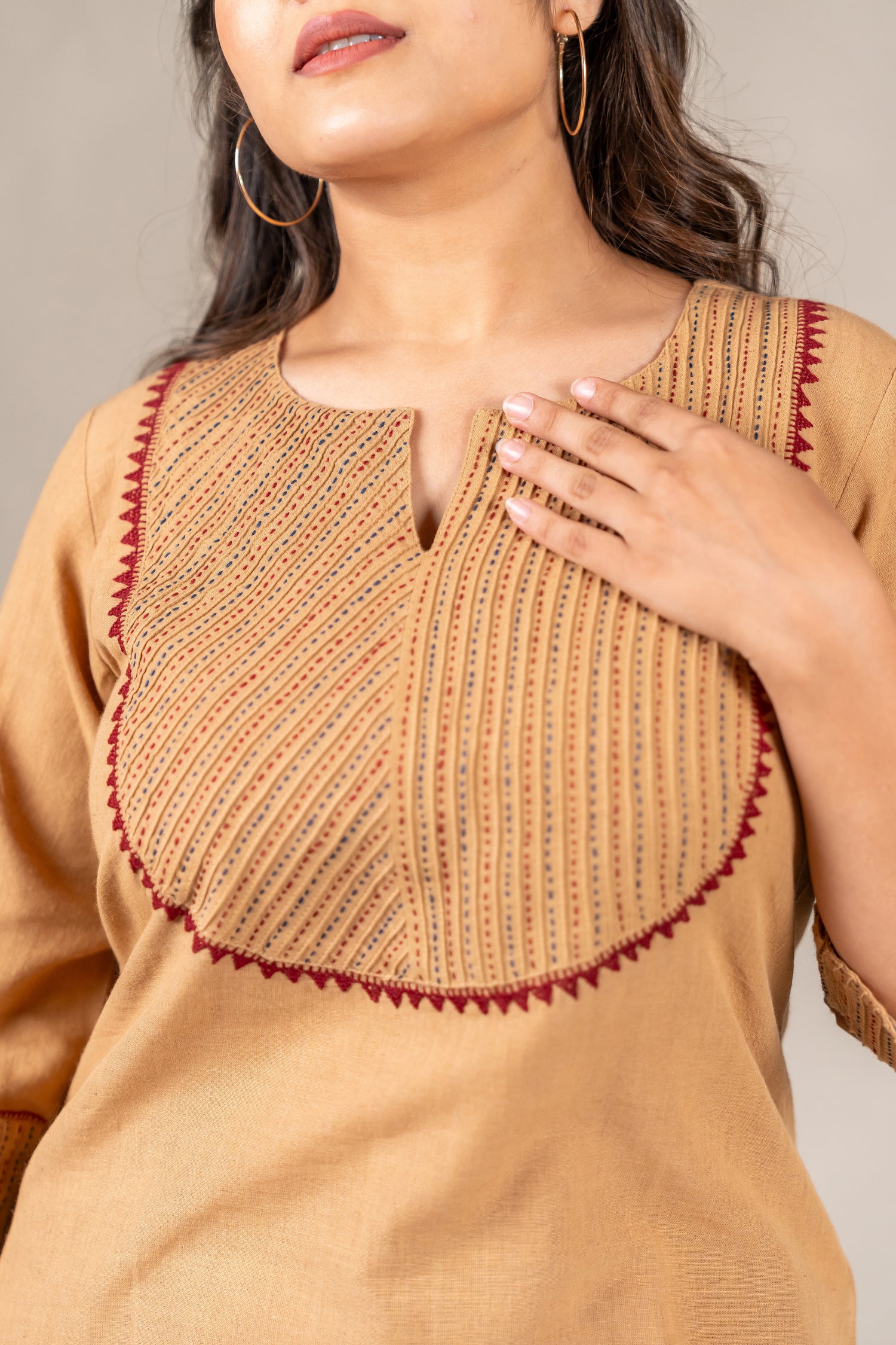Beige Brown Hand-Embroidered Pintuck Kurta – Sutra