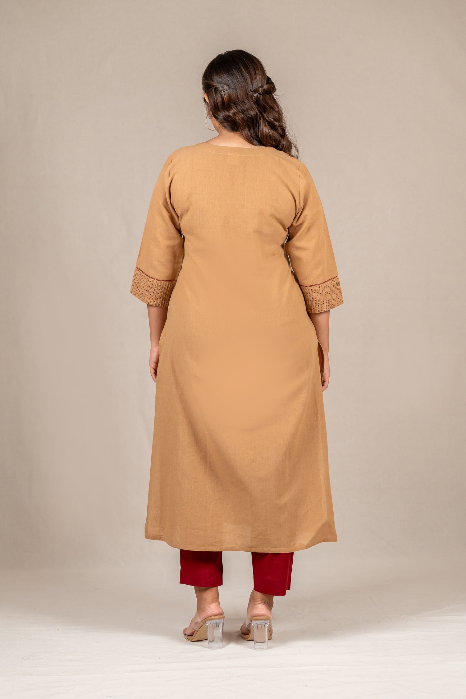 Beige Brown Hand-Embroidered Pintuck Kurta – Sutra