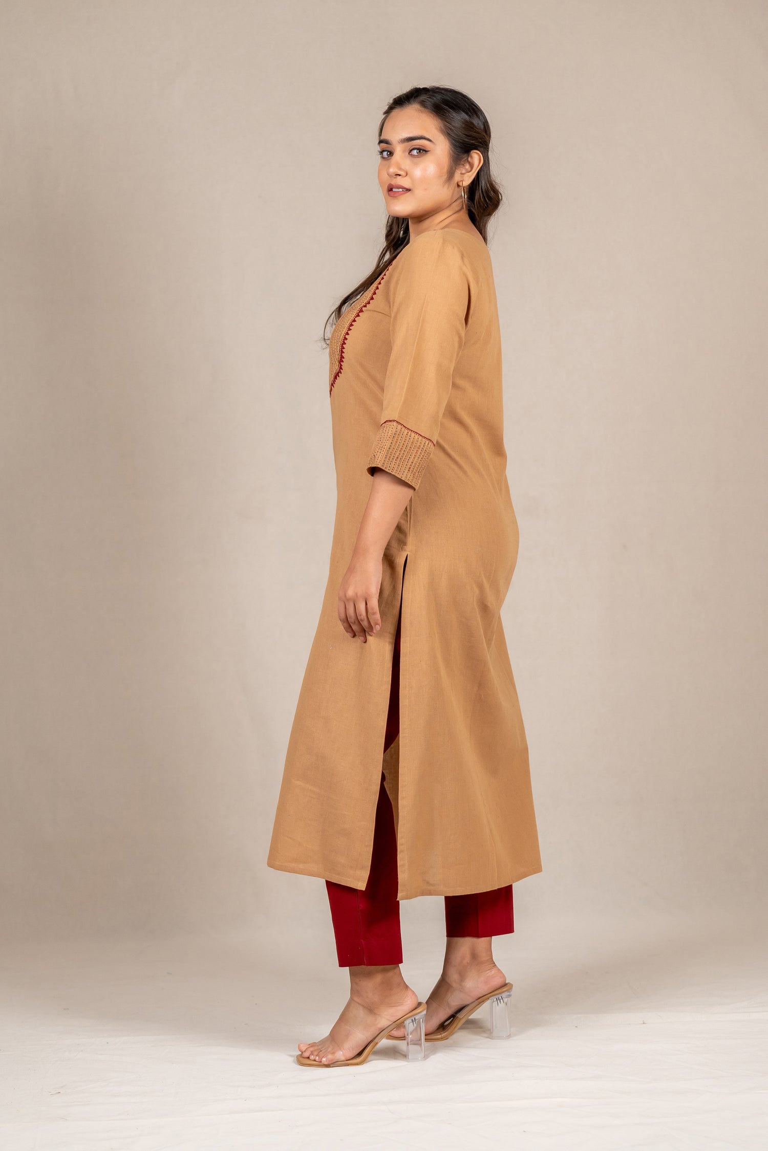Beige Brown Hand-Embroidered Pintuck Kurta – Sutra