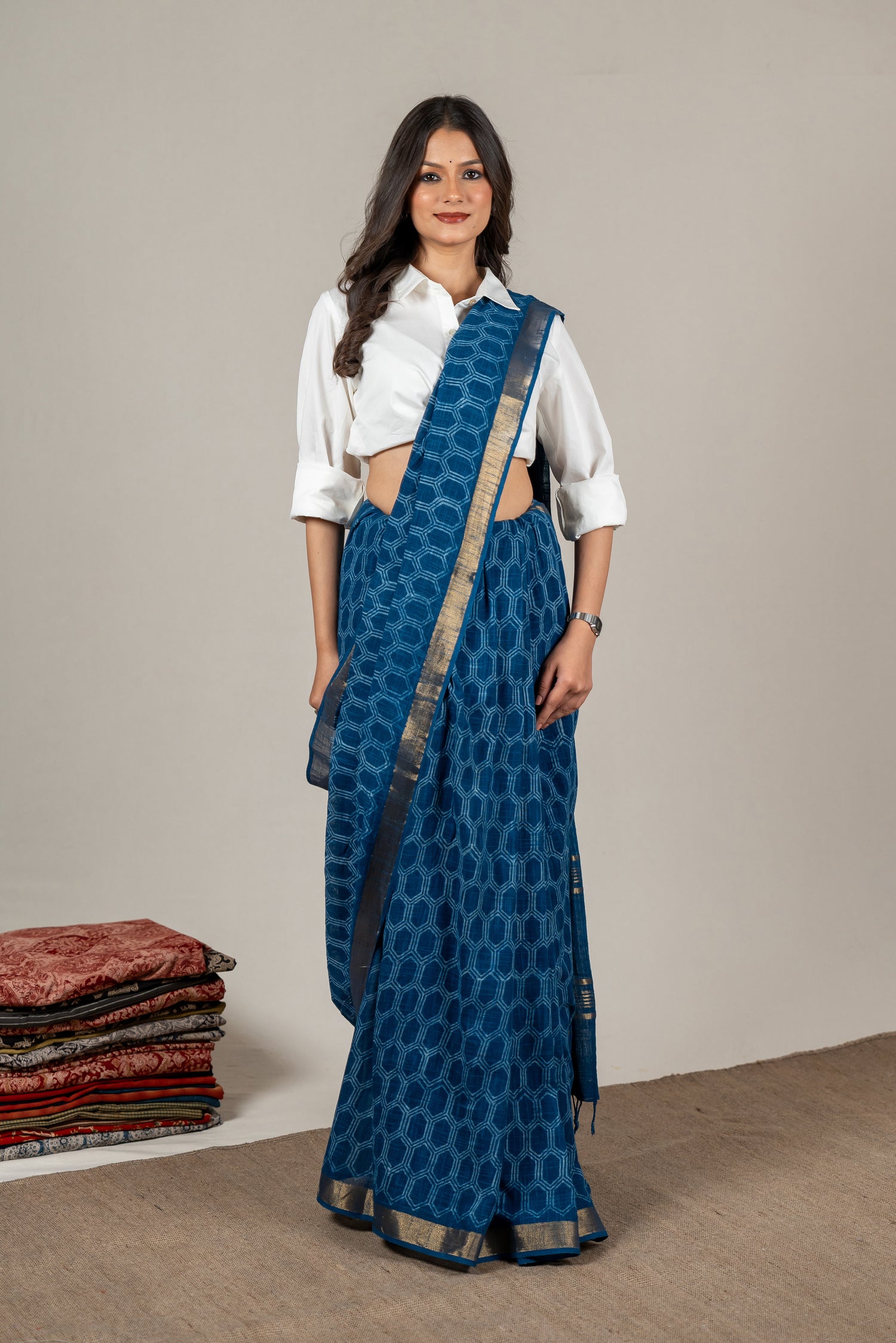 Indigo Chanderi Dabu Hand Block Printed Saree – Sama