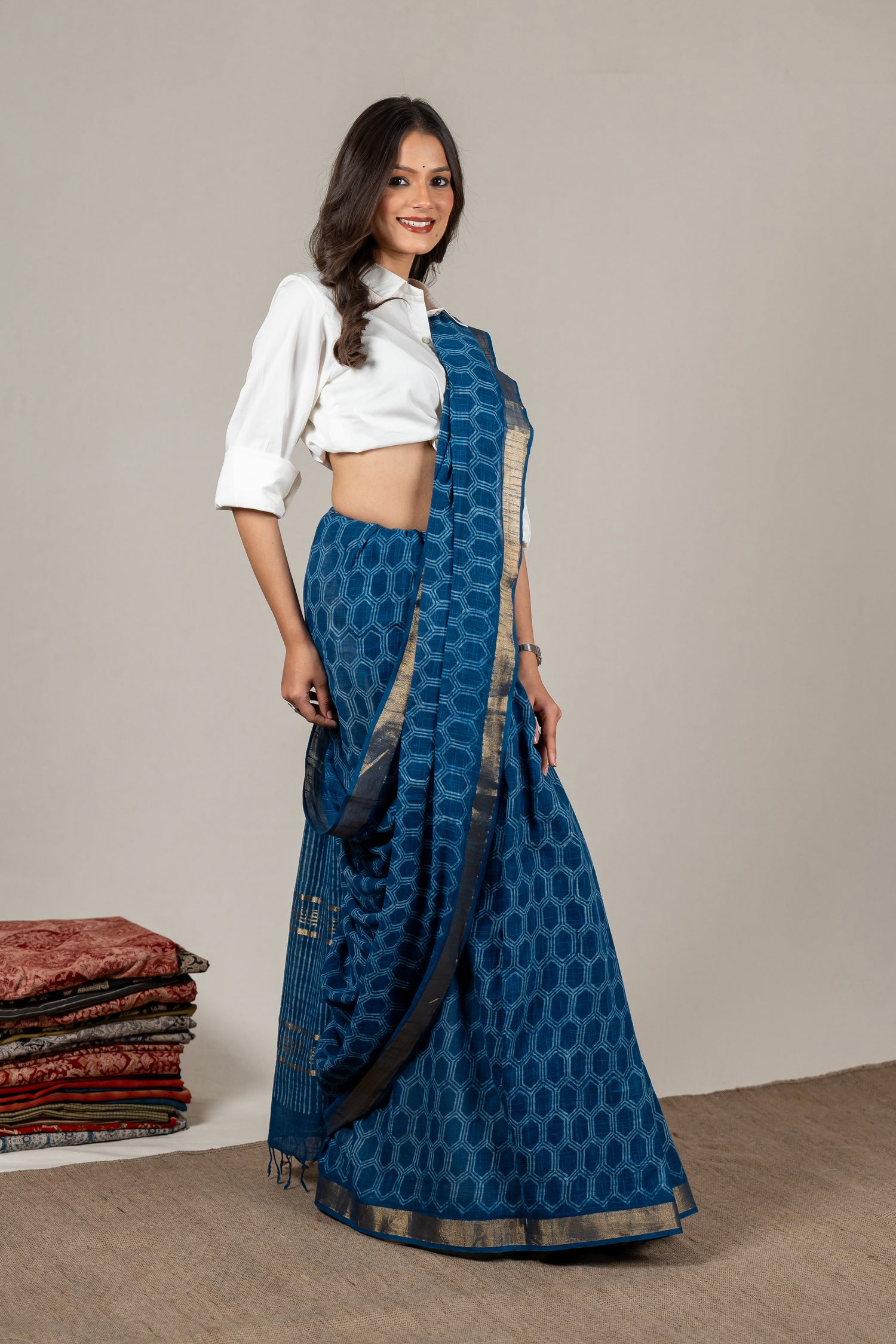 Indigo Chanderi Dabu Hand Block Printed Saree – Sama