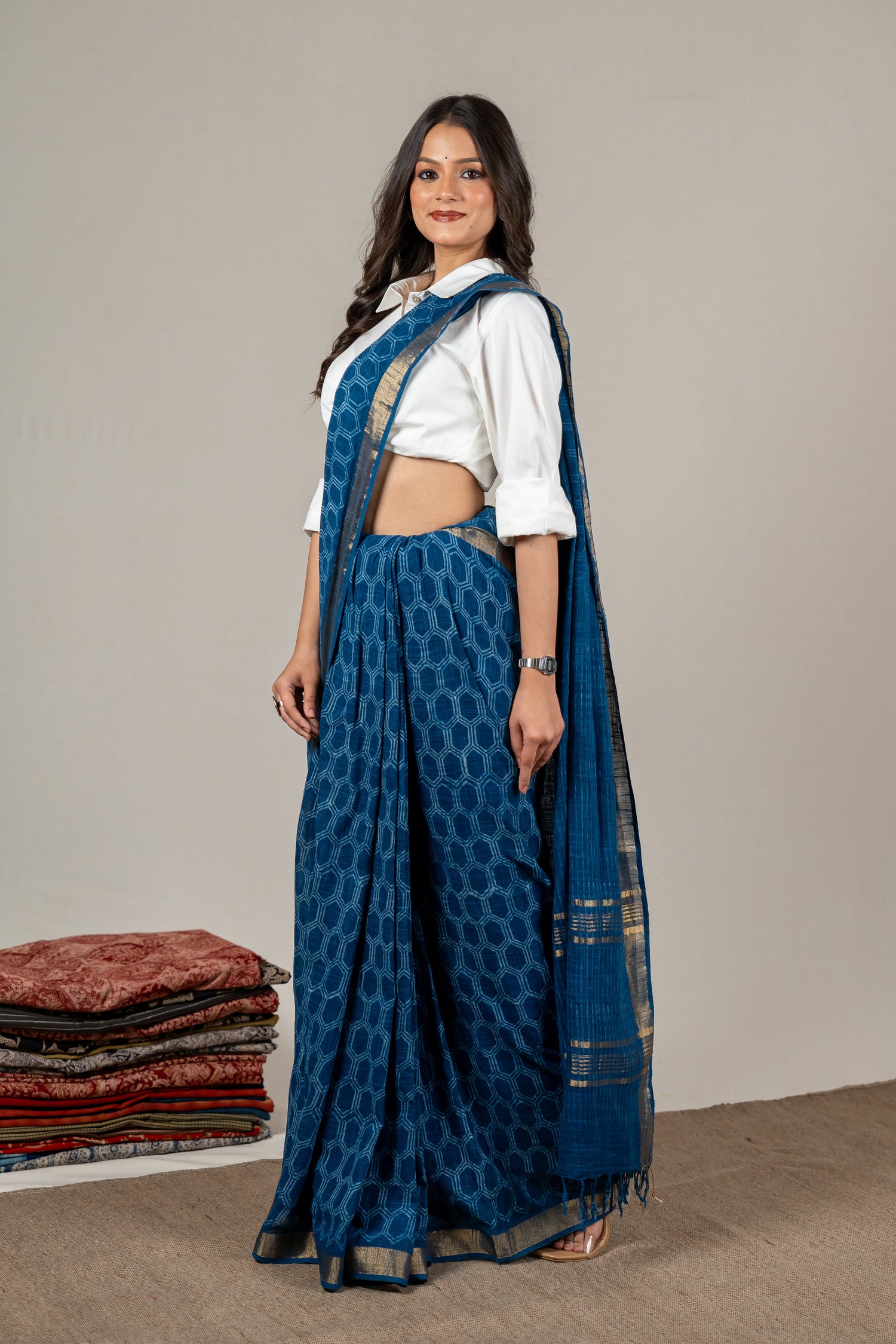 Indigo Chanderi Dabu Hand Block Printed Saree – Sama