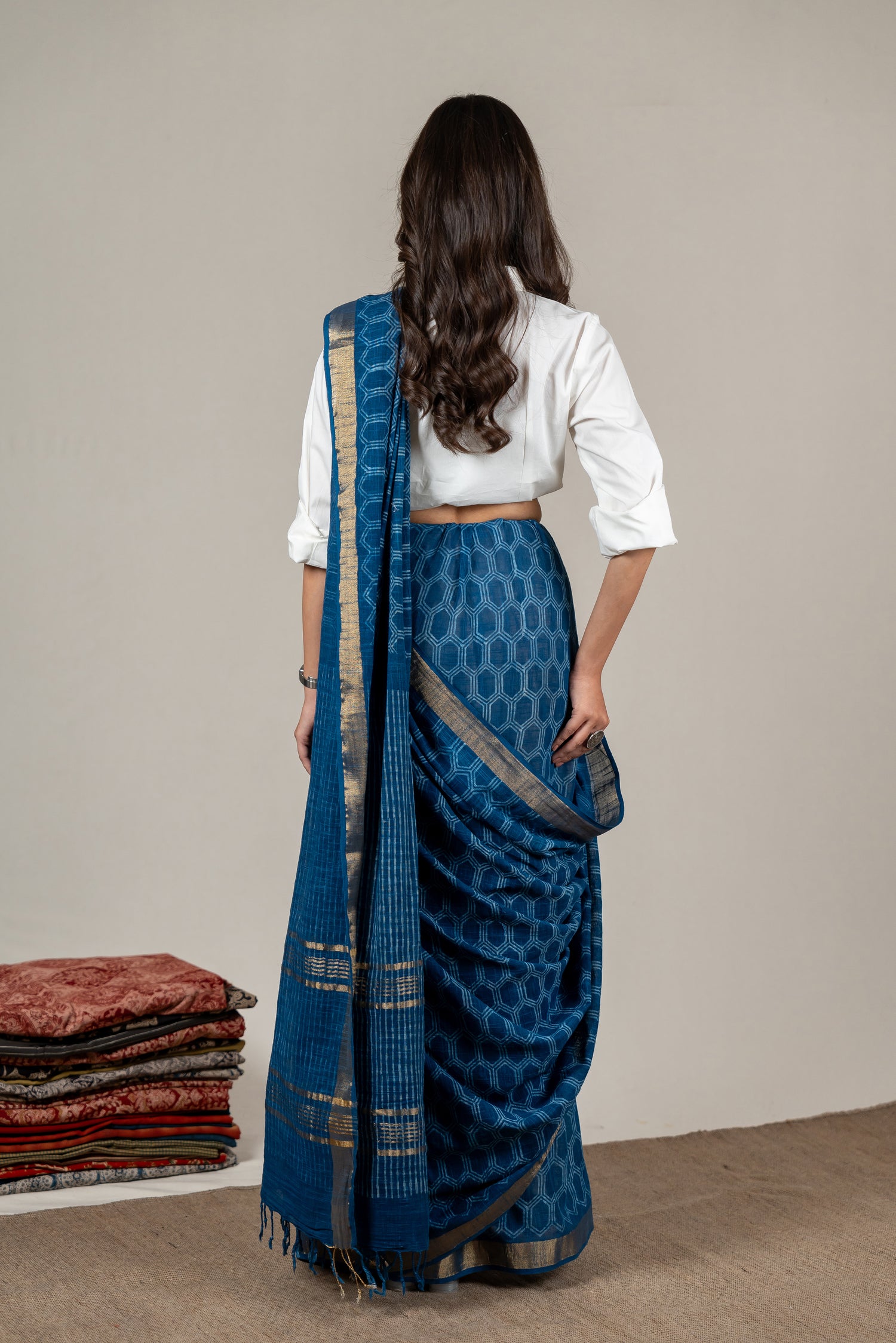 Indigo Chanderi Dabu Hand Block Printed Saree – Sama