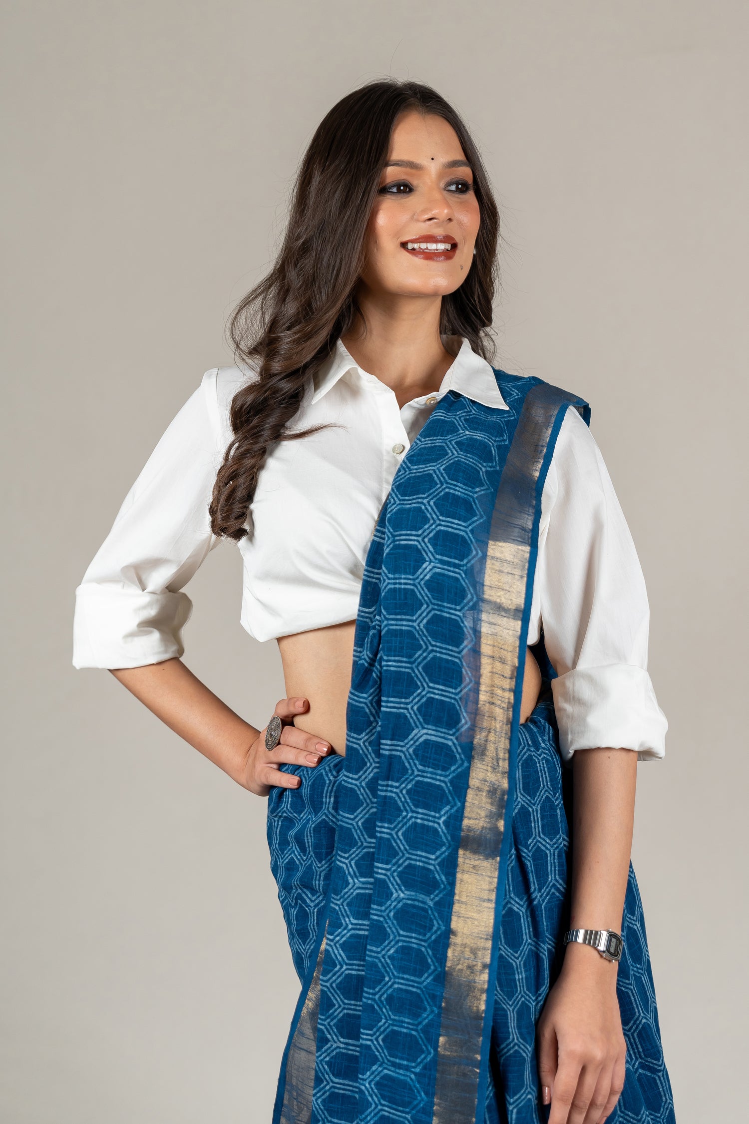 Indigo Chanderi Dabu Hand Block Printed Saree – Sama