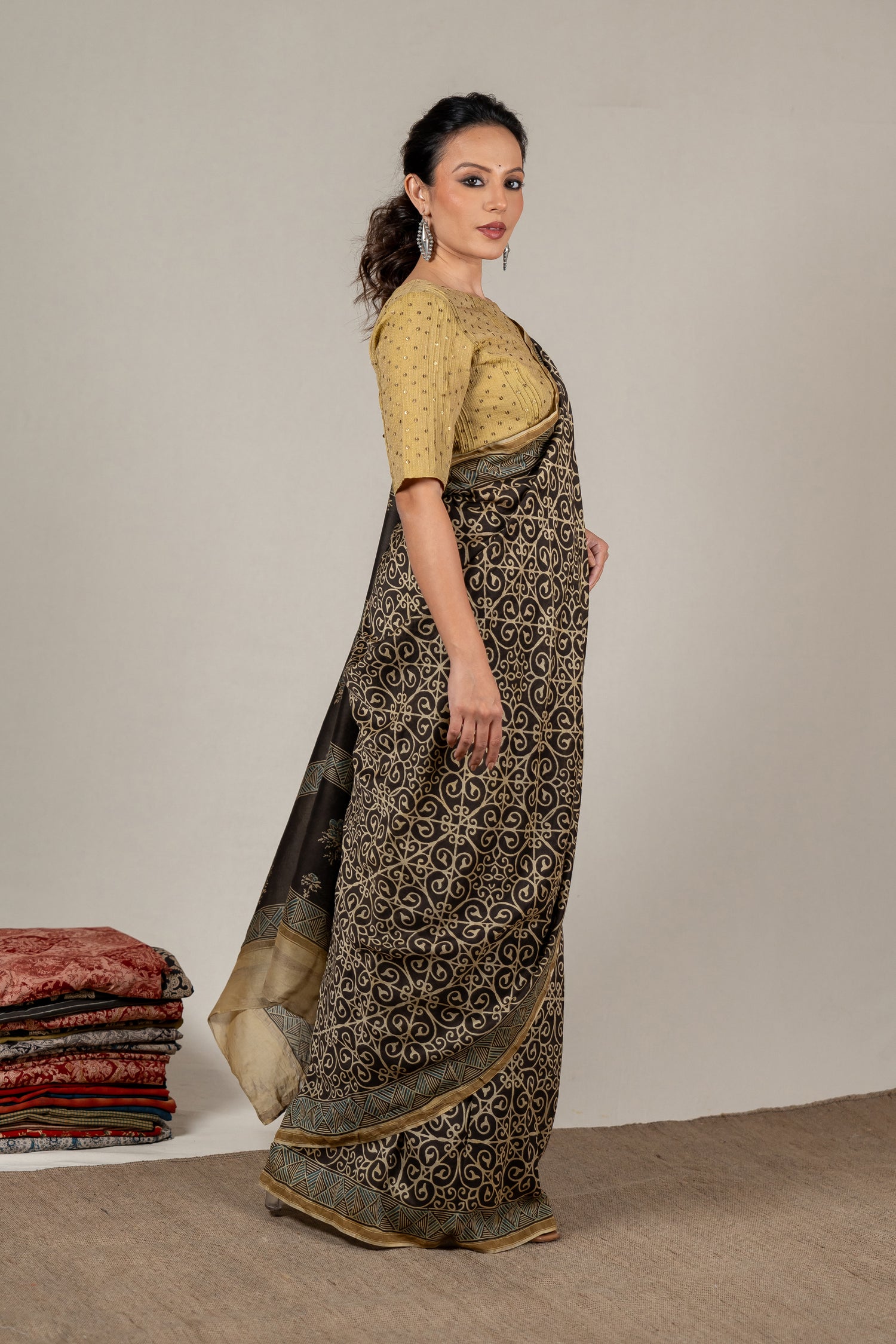 Chanderi Ajrakh Hand Block Printed Saree in Midnight Black – Sama
