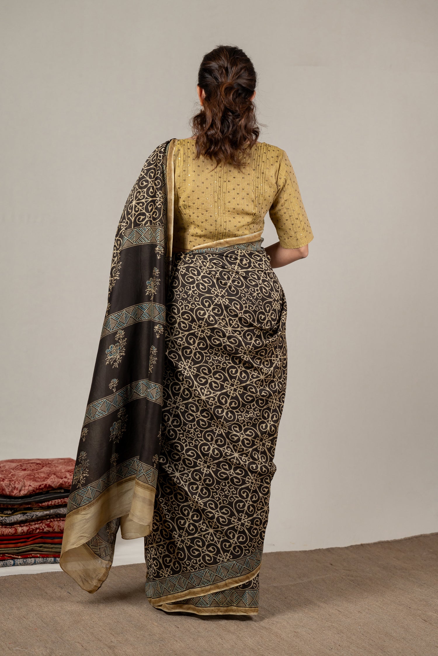 Chanderi Ajrakh Hand Block Printed Saree in Midnight Black – Sama