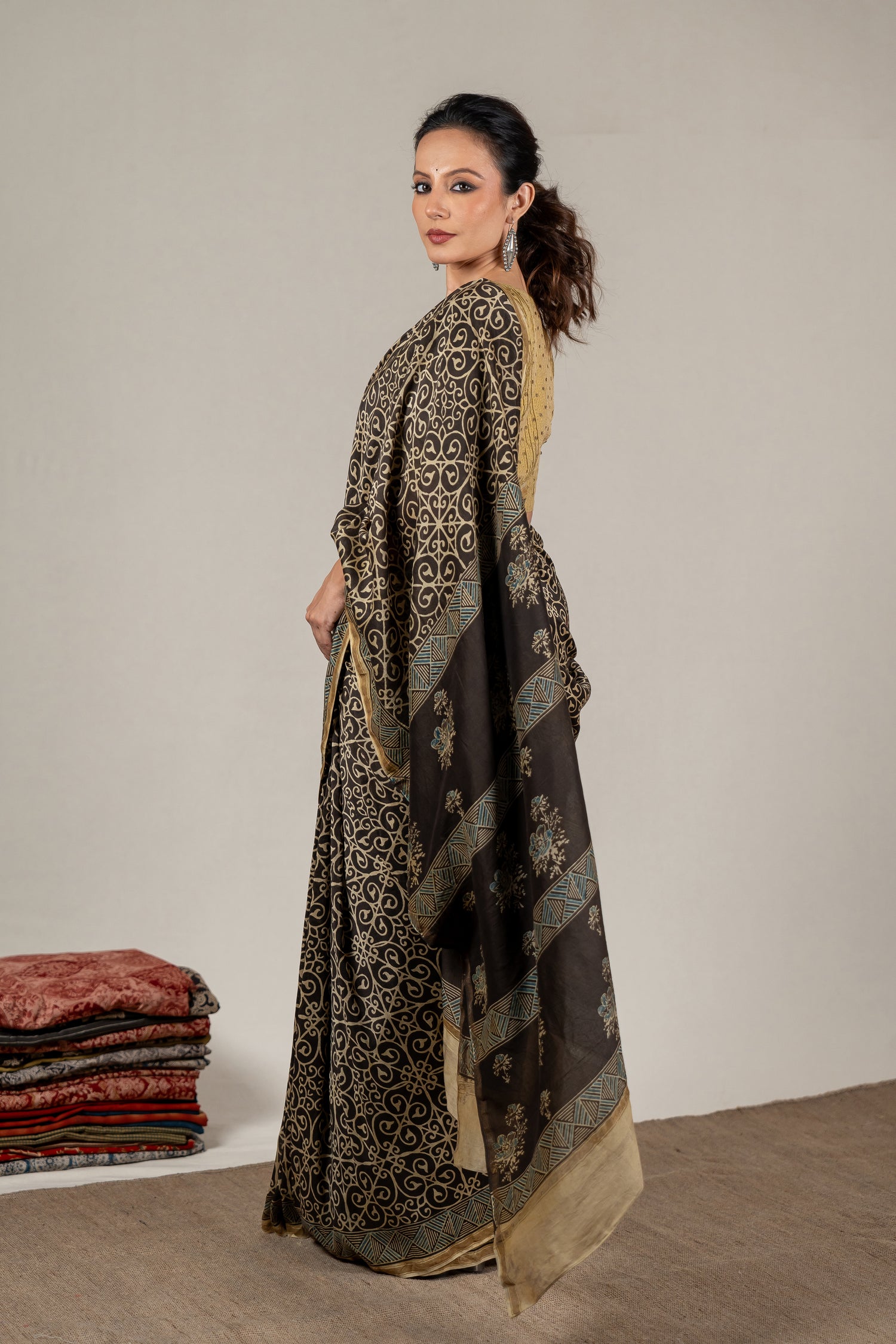 Chanderi Ajrakh Hand Block Printed Saree in Midnight Black – Sama
