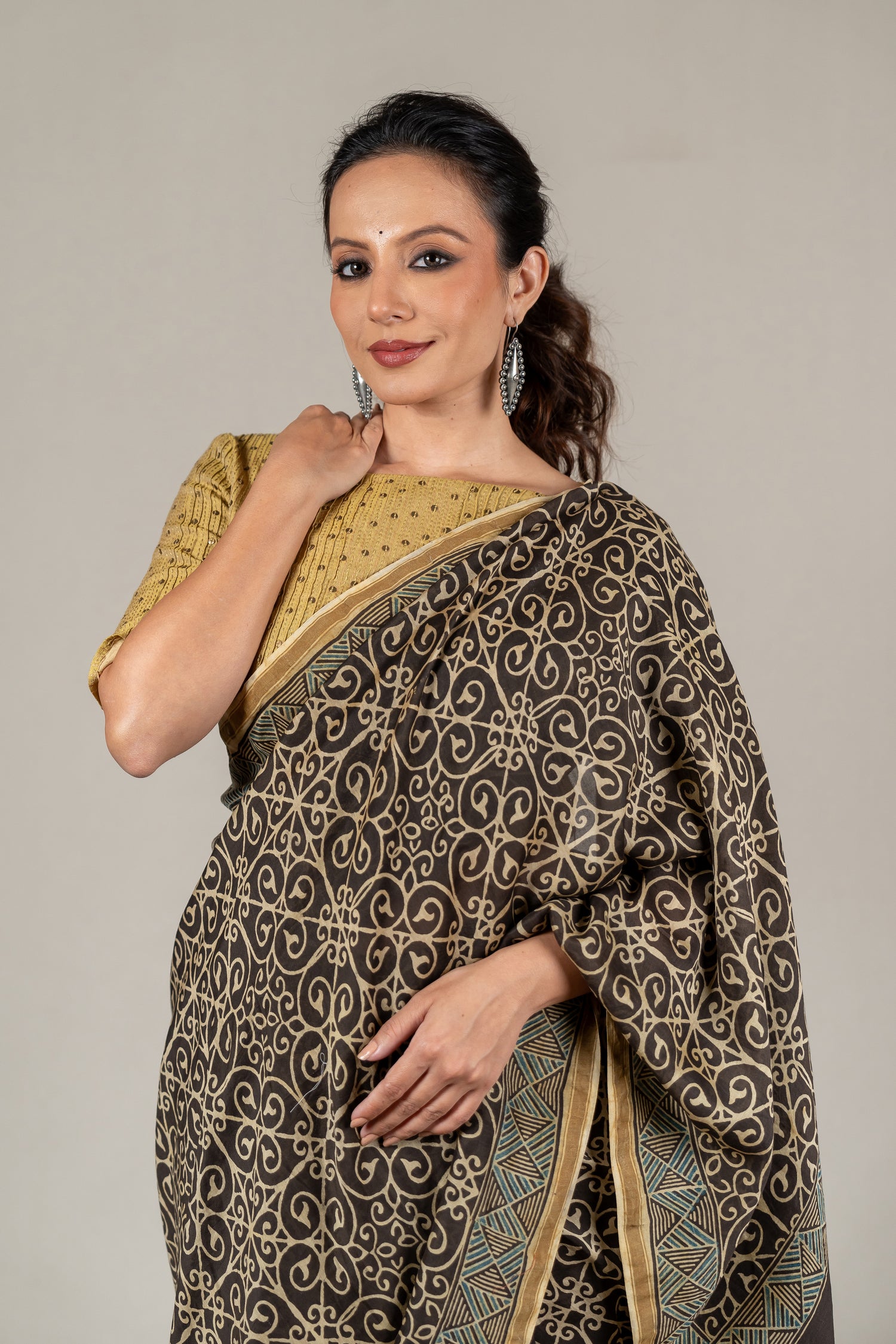 Chanderi Ajrakh Hand Block Printed Saree in Midnight Black – Sama