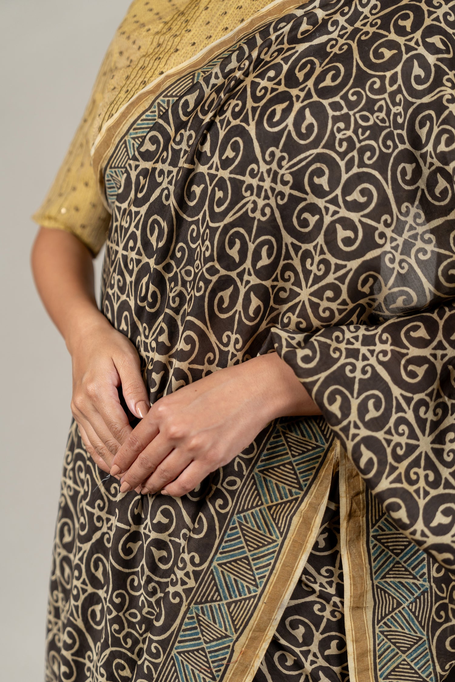 Chanderi Ajrakh Hand Block Printed Saree in Midnight Black – Sama