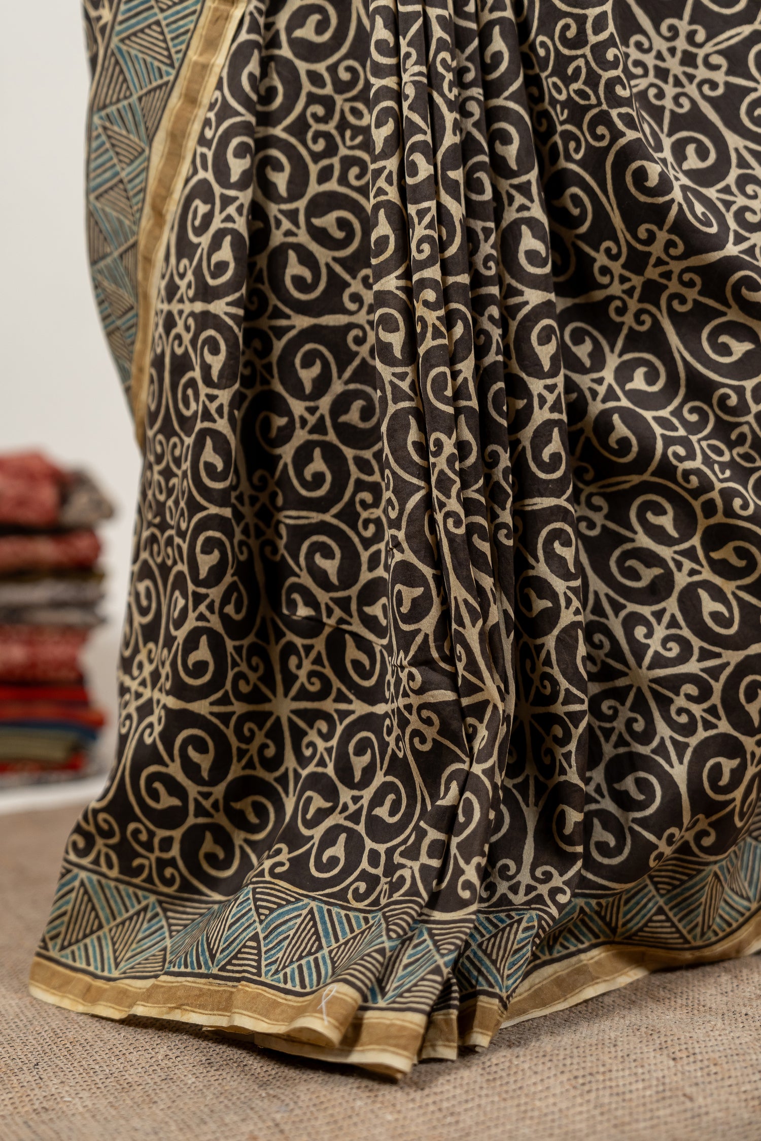 Chanderi Ajrakh Hand Block Printed Saree in Midnight Black – Sama