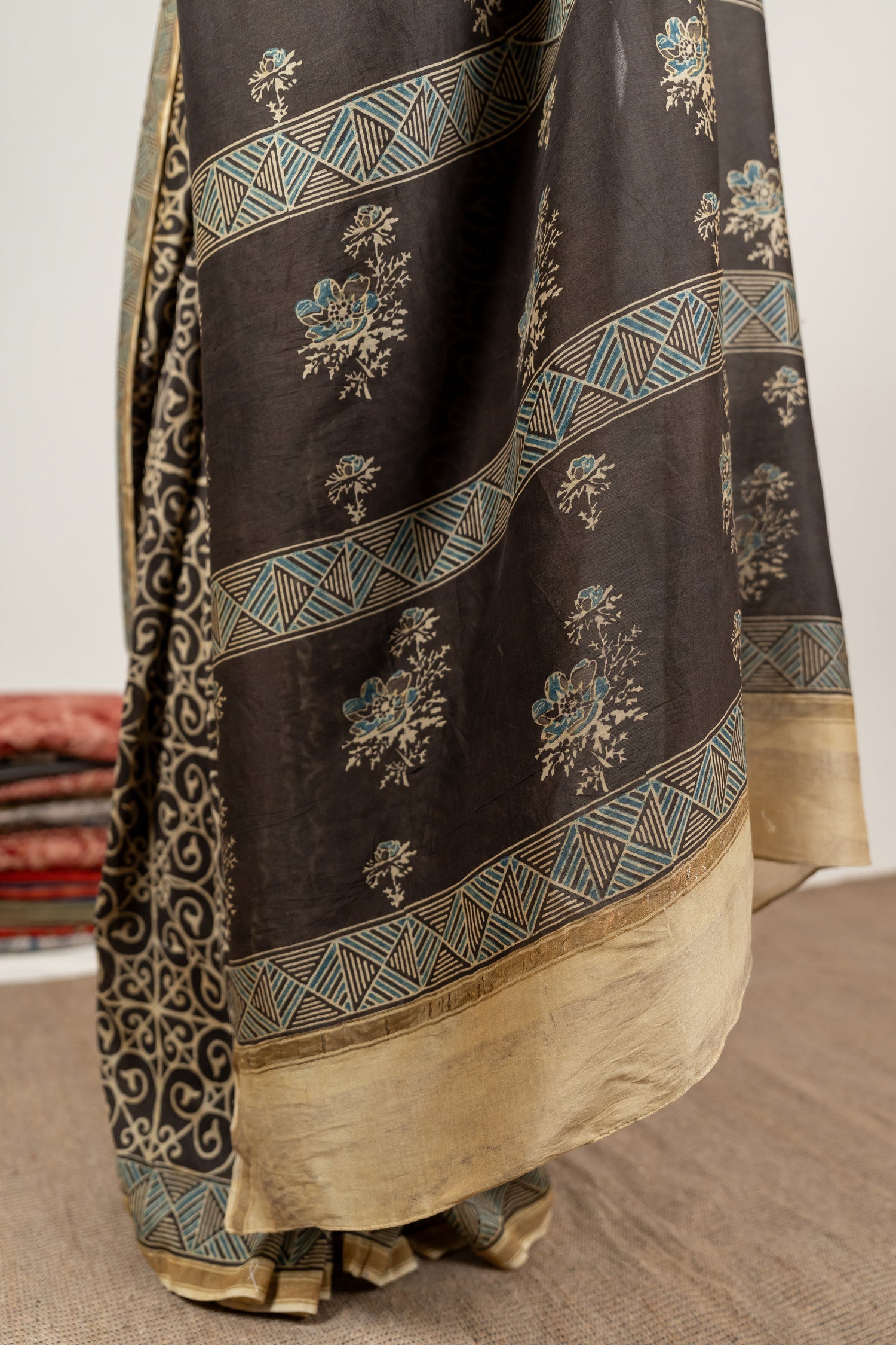 Chanderi Ajrakh Hand Block Printed Saree in Midnight Black – Sama