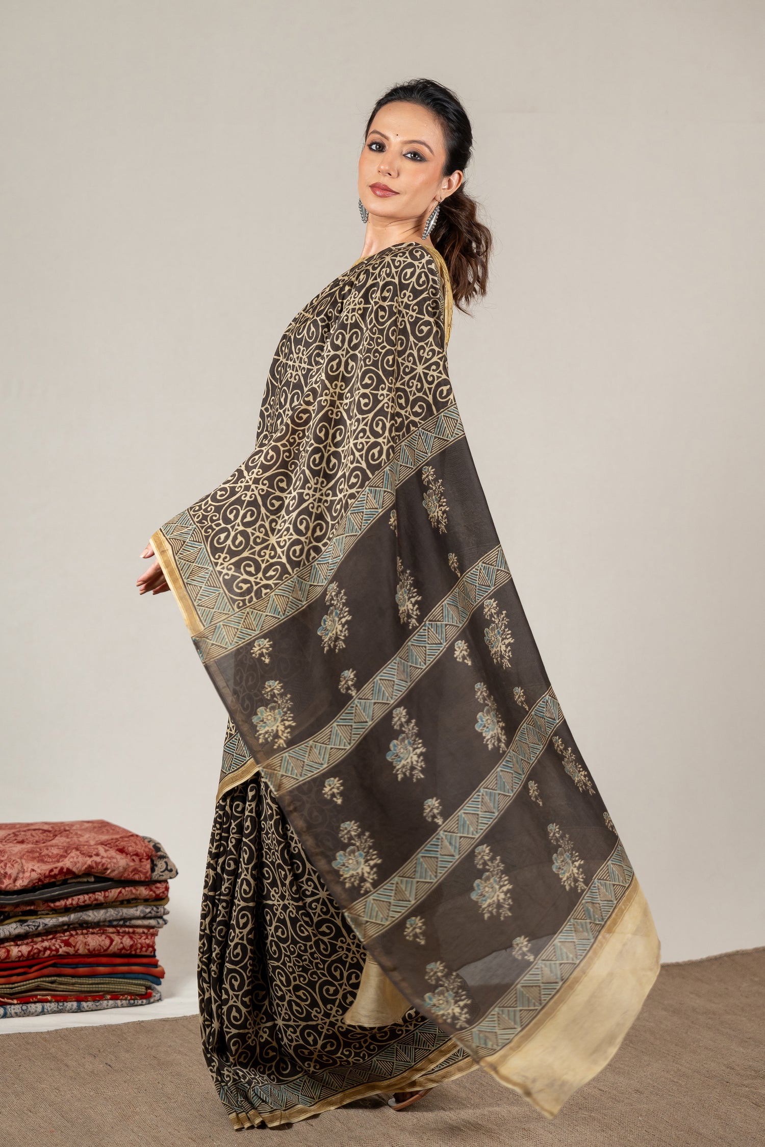Chanderi Ajrakh Hand Block Printed Saree in Midnight Black – Sama