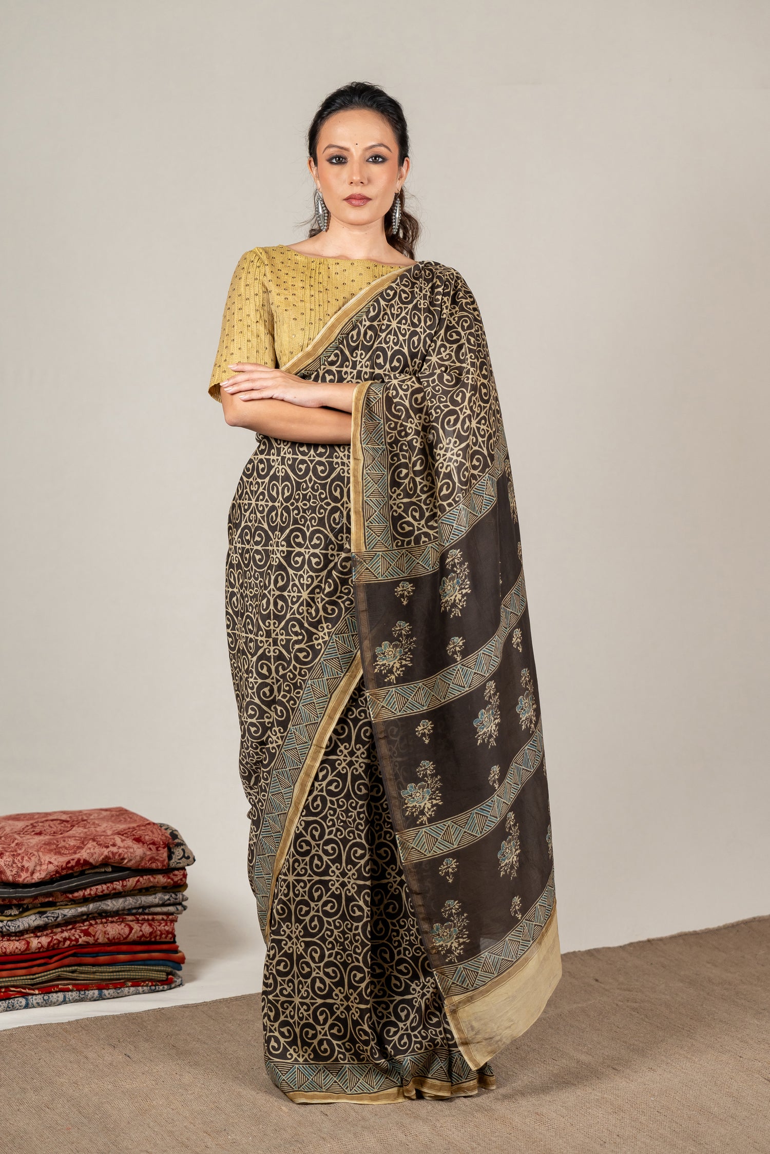 Chanderi Ajrakh Hand Block Printed Saree in Midnight Black – Sama