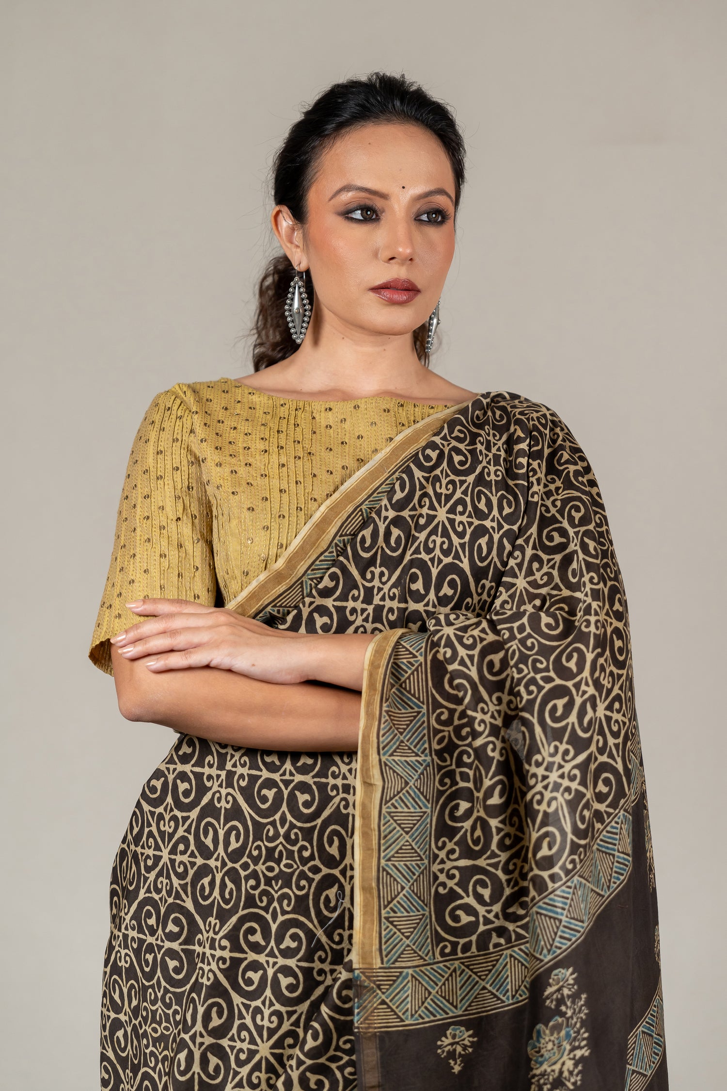 Chanderi Ajrakh Hand Block Printed Saree in Midnight Black – Sama