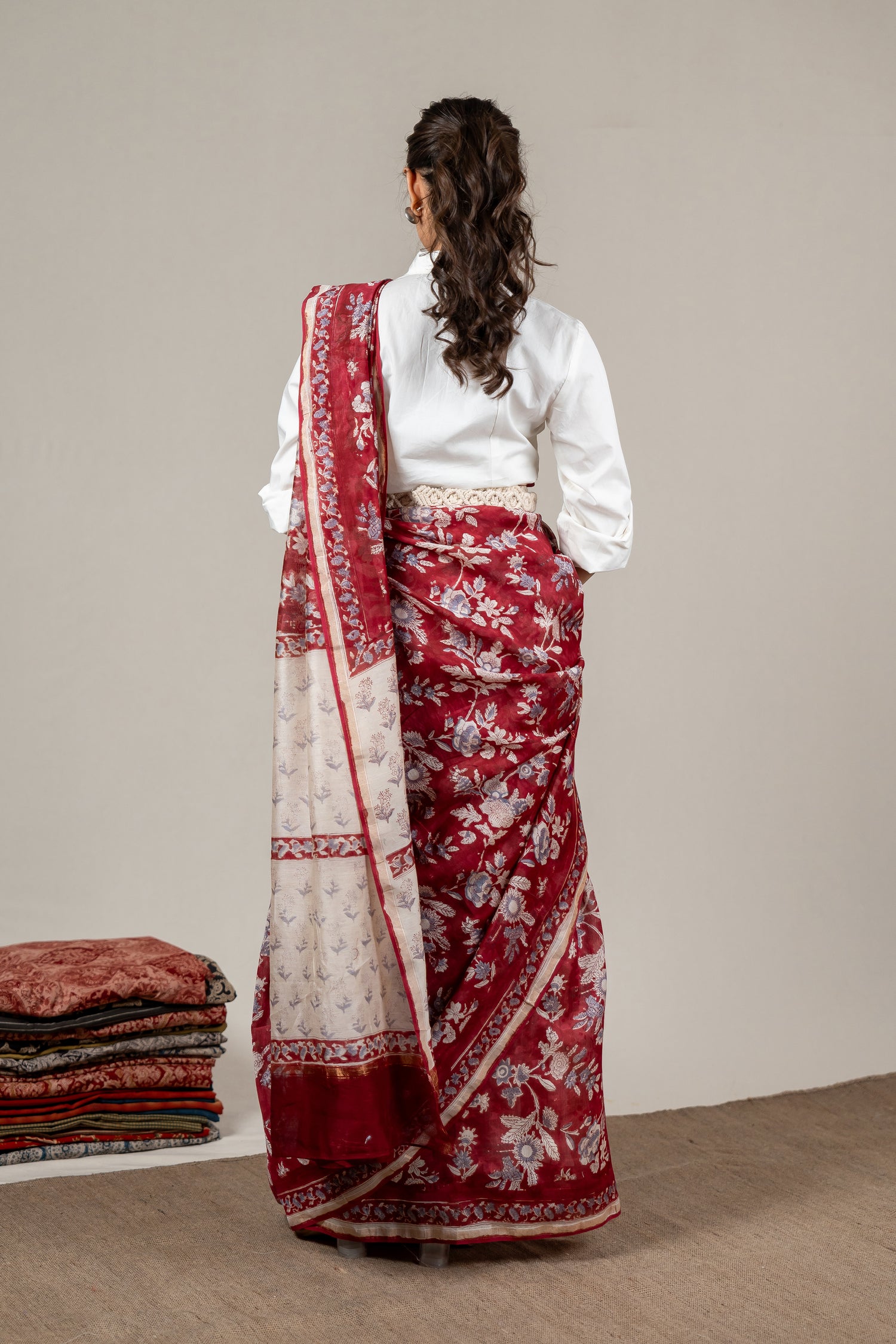Chanderi Hand Block Printed Saree in Maroon – Sama