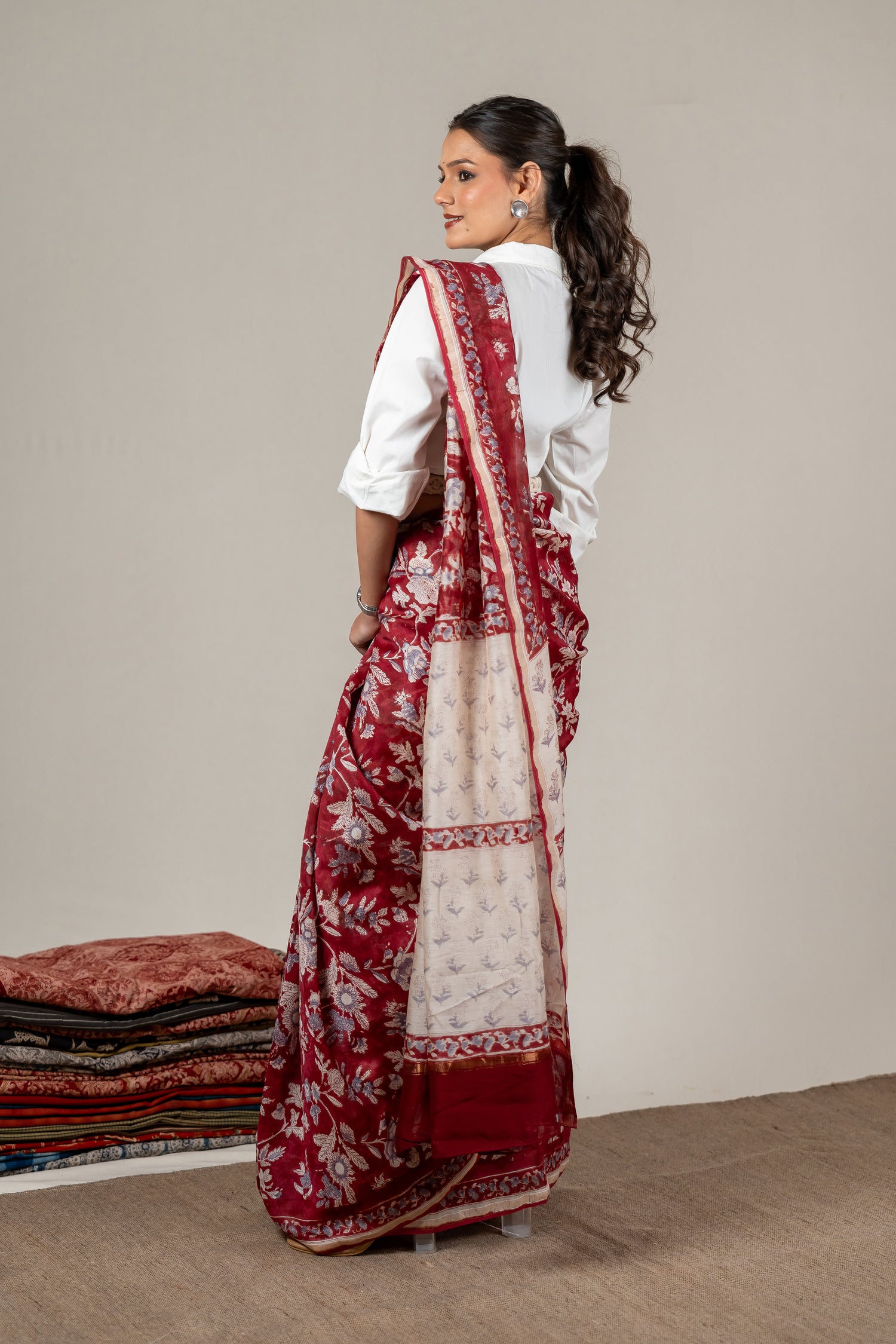 Chanderi Hand Block Printed Saree in Maroon – Sama