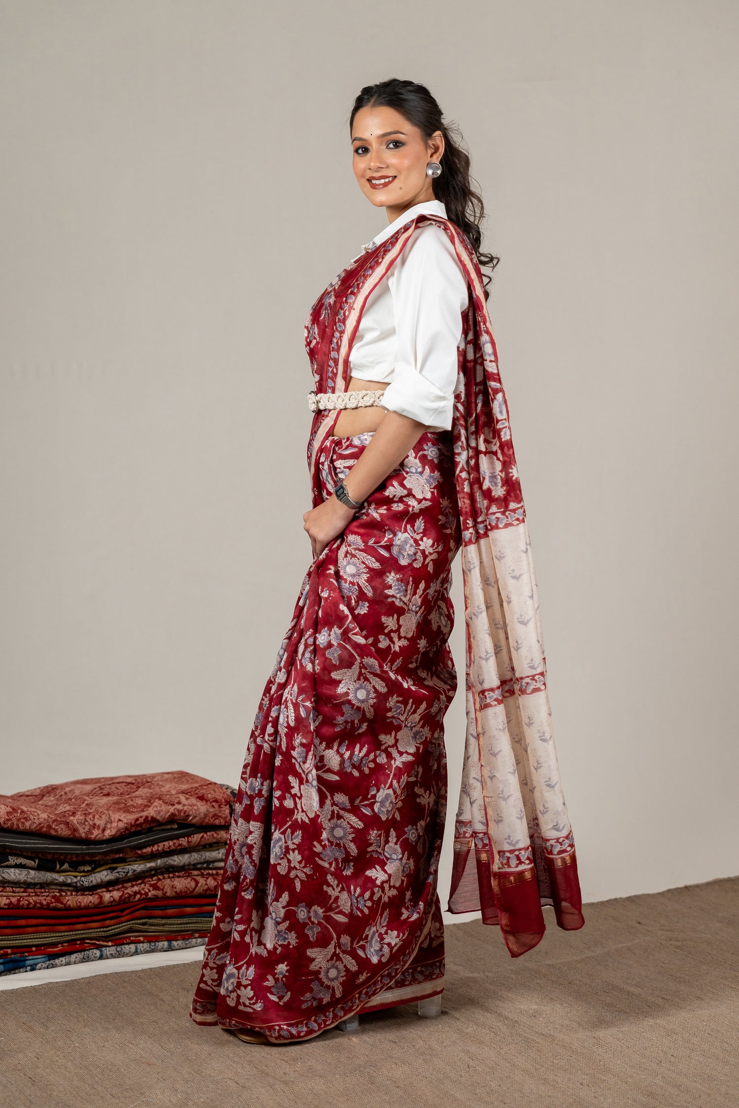 Chanderi Hand Block Printed Saree in Maroon – Sama