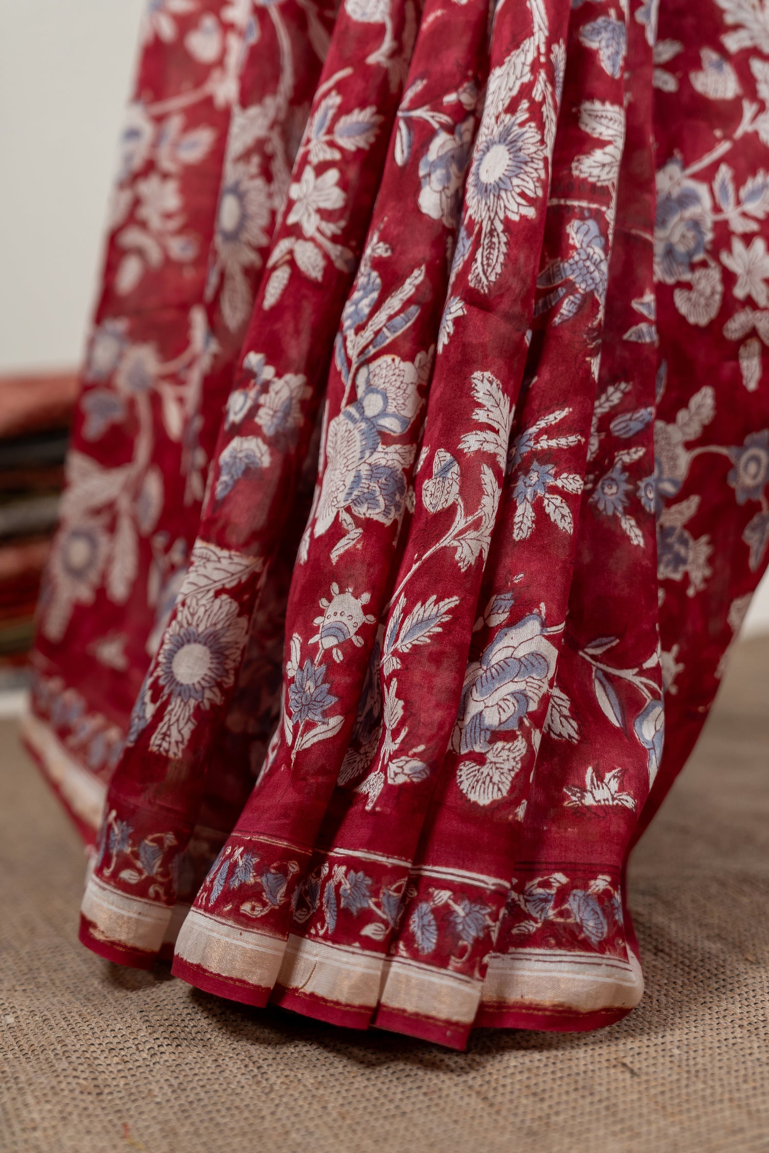 Chanderi Hand Block Printed Saree in Maroon – Sama