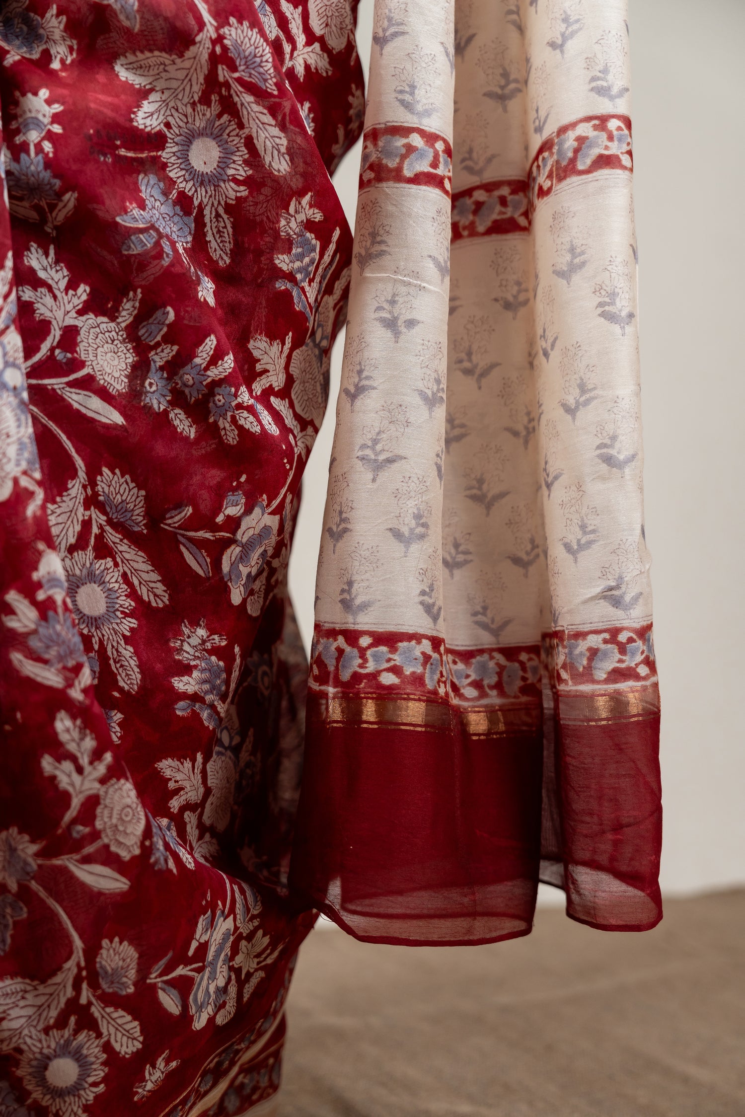 Chanderi Hand Block Printed Saree in Maroon – Sama
