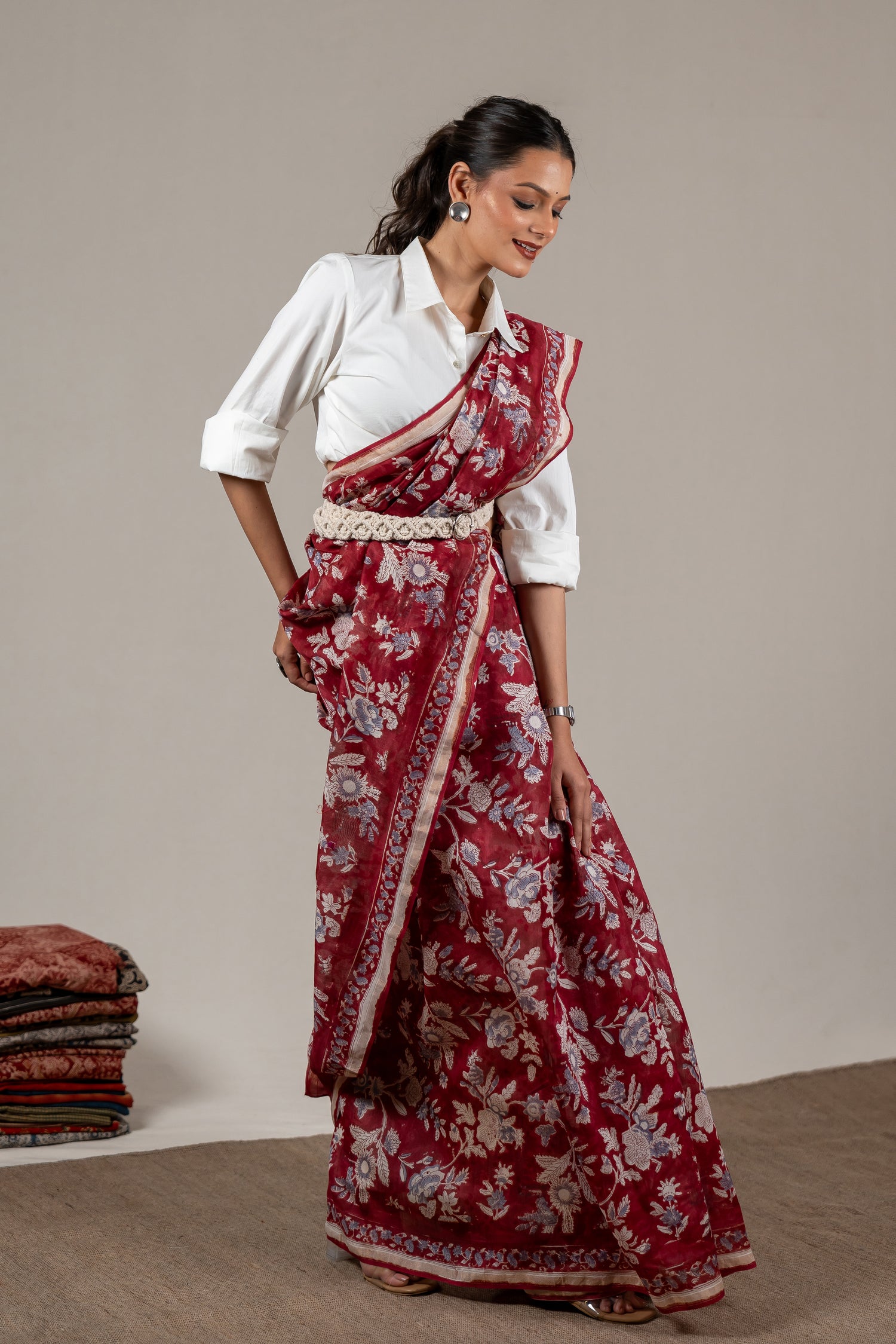 Chanderi Hand Block Printed Saree in Maroon – Sama