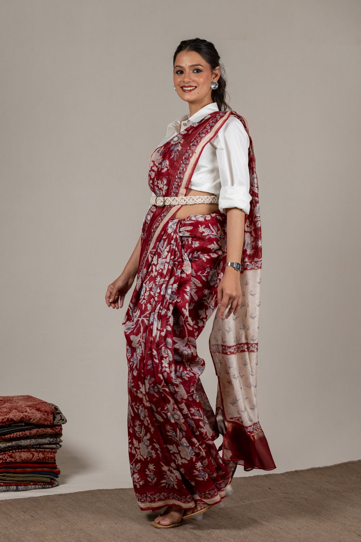 Chanderi Hand Block Printed Saree in Maroon – Sama