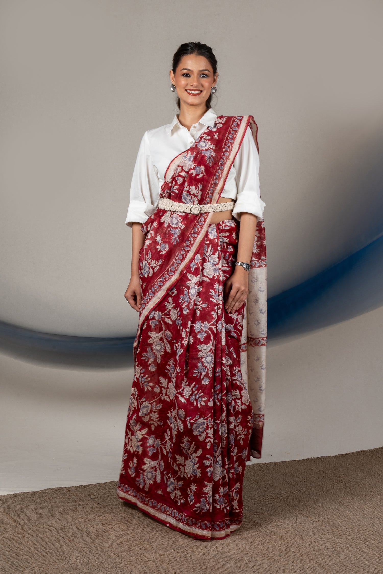 Chanderi Hand Block Printed Saree in Maroon – Sama