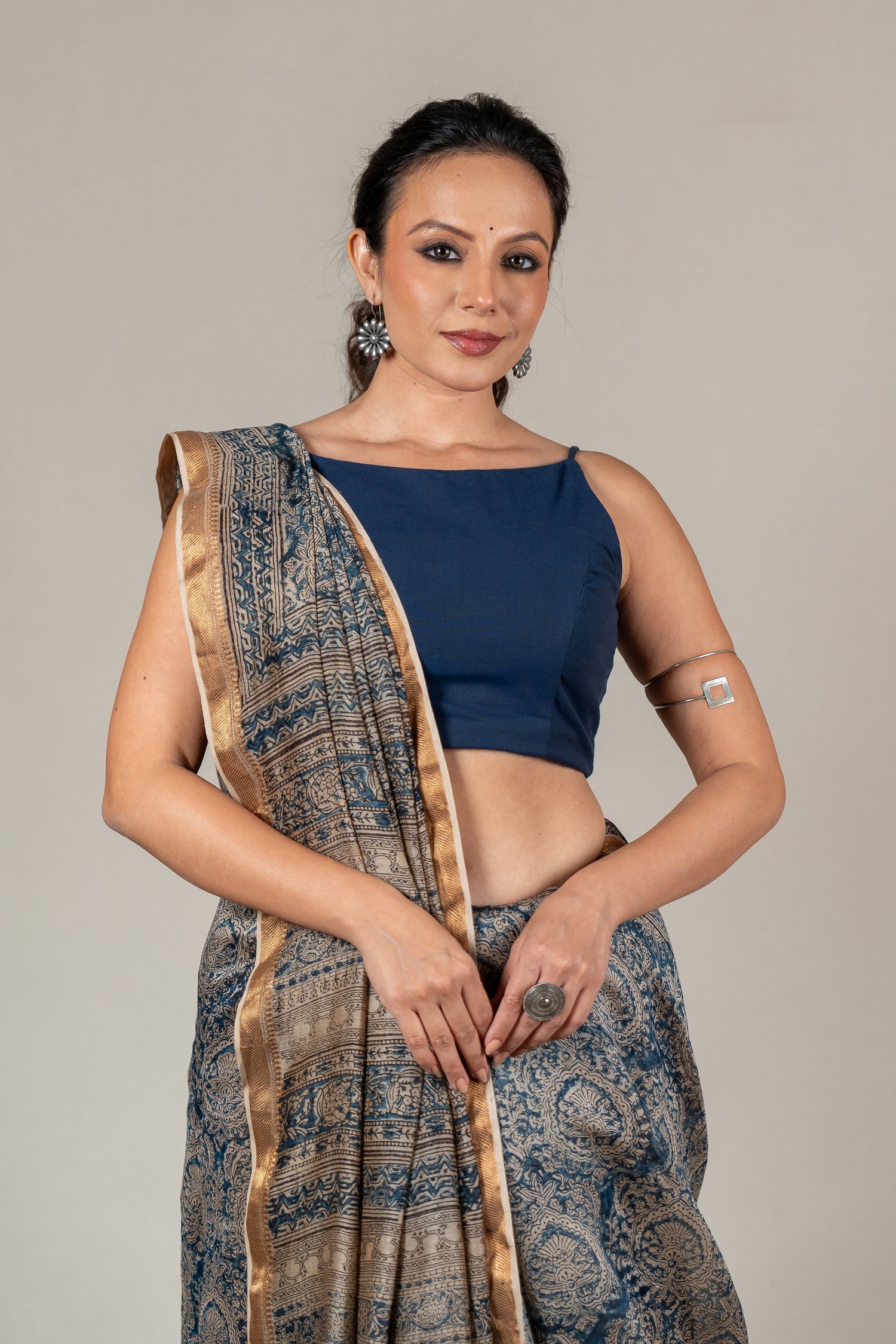 Mul Chanderi Kalamkari Block Printed Saree in Beige Indigo – Sama