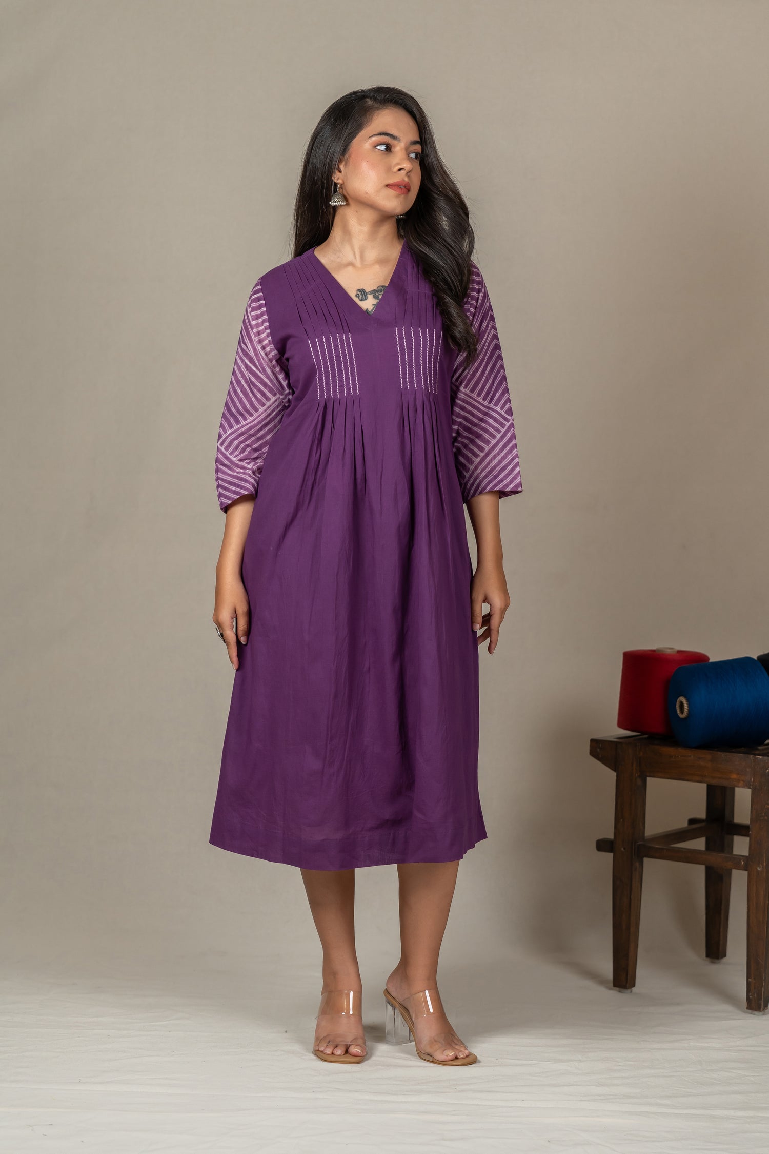 Purple Mul Cotton Shibori Tie-Dye Dress with Hand Embroidery – Amevara