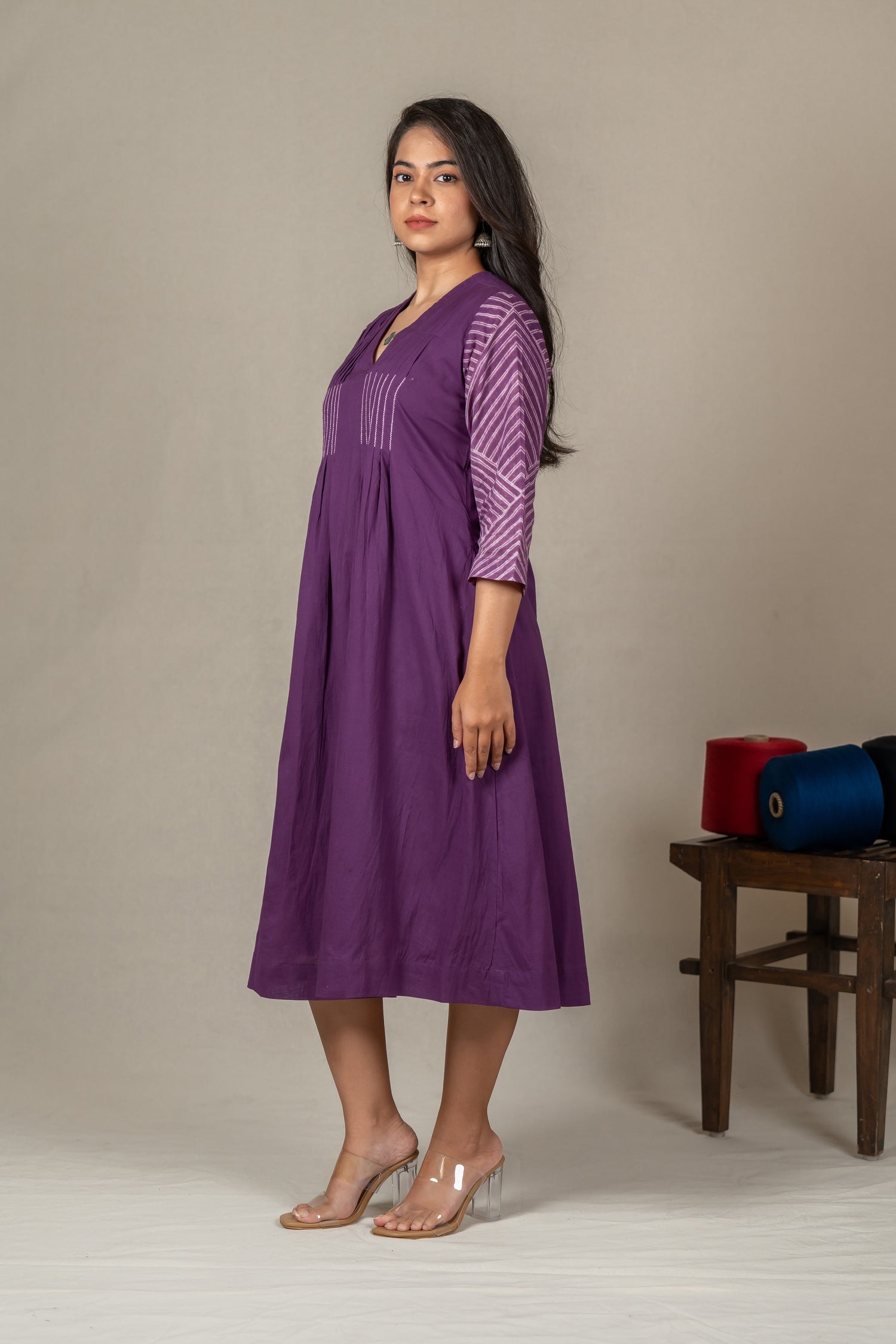 Purple Mul Cotton Shibori Tie-Dye Dress with Hand Embroidery – Amevara