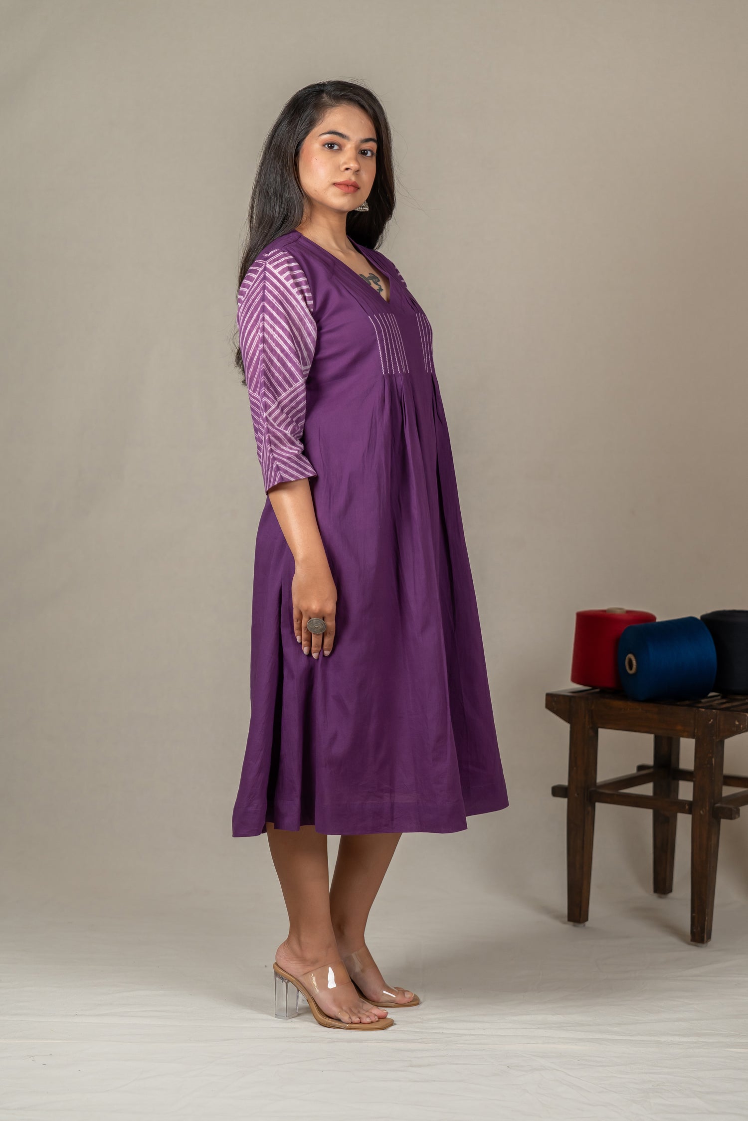 Purple Mul Cotton Shibori Tie-Dye Dress with Hand Embroidery – Amevara