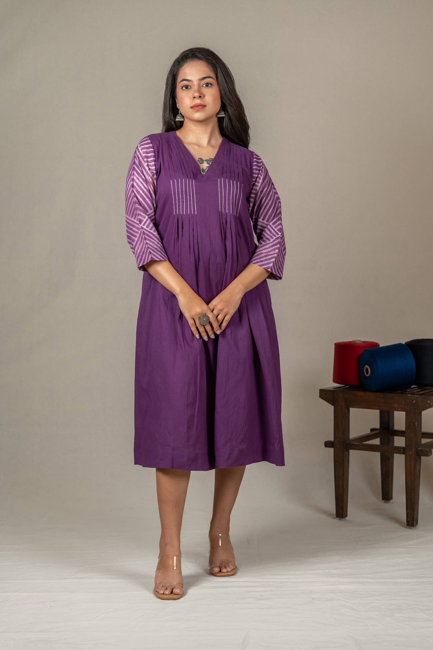 Purple Mul Cotton Shibori Tie-Dye Dress with Hand Embroidery – Amevara